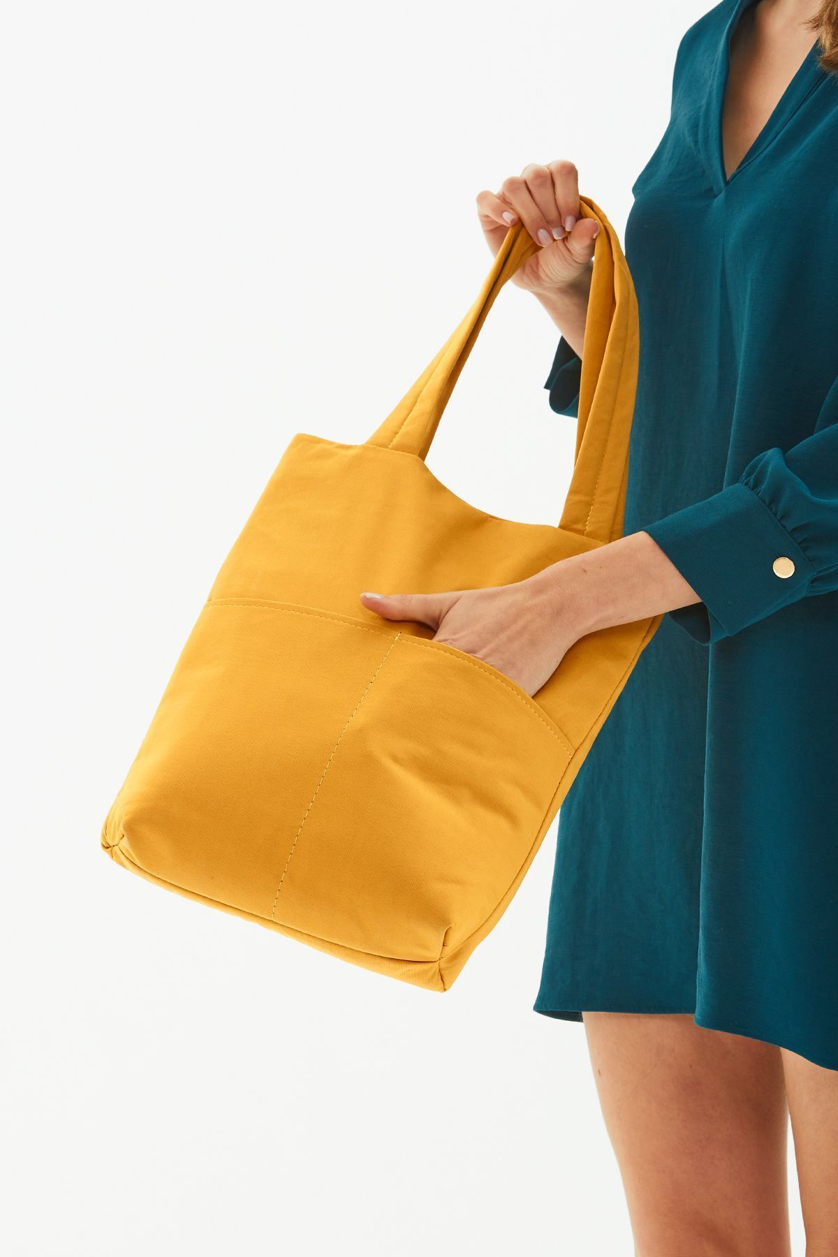SHAKA-Mustard U27 Snap Closure Back 2 Pocket Detailed 3 Compartment Canvas Daily Women's Shoulder Bag 38 5