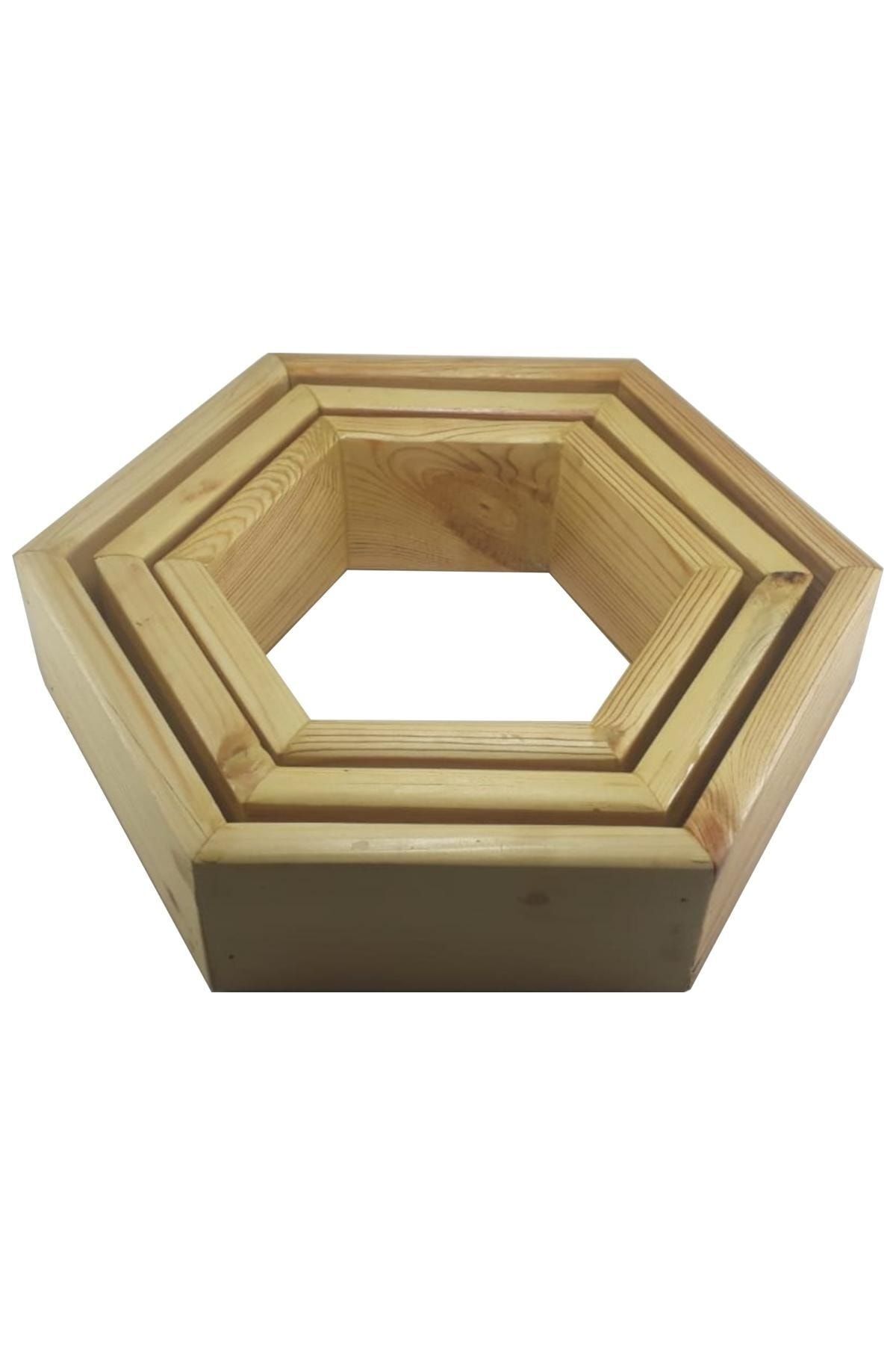 Ahtek-Natural Wooden Hexagonal (Honeycomb) Wall Shelf Set of 3 4