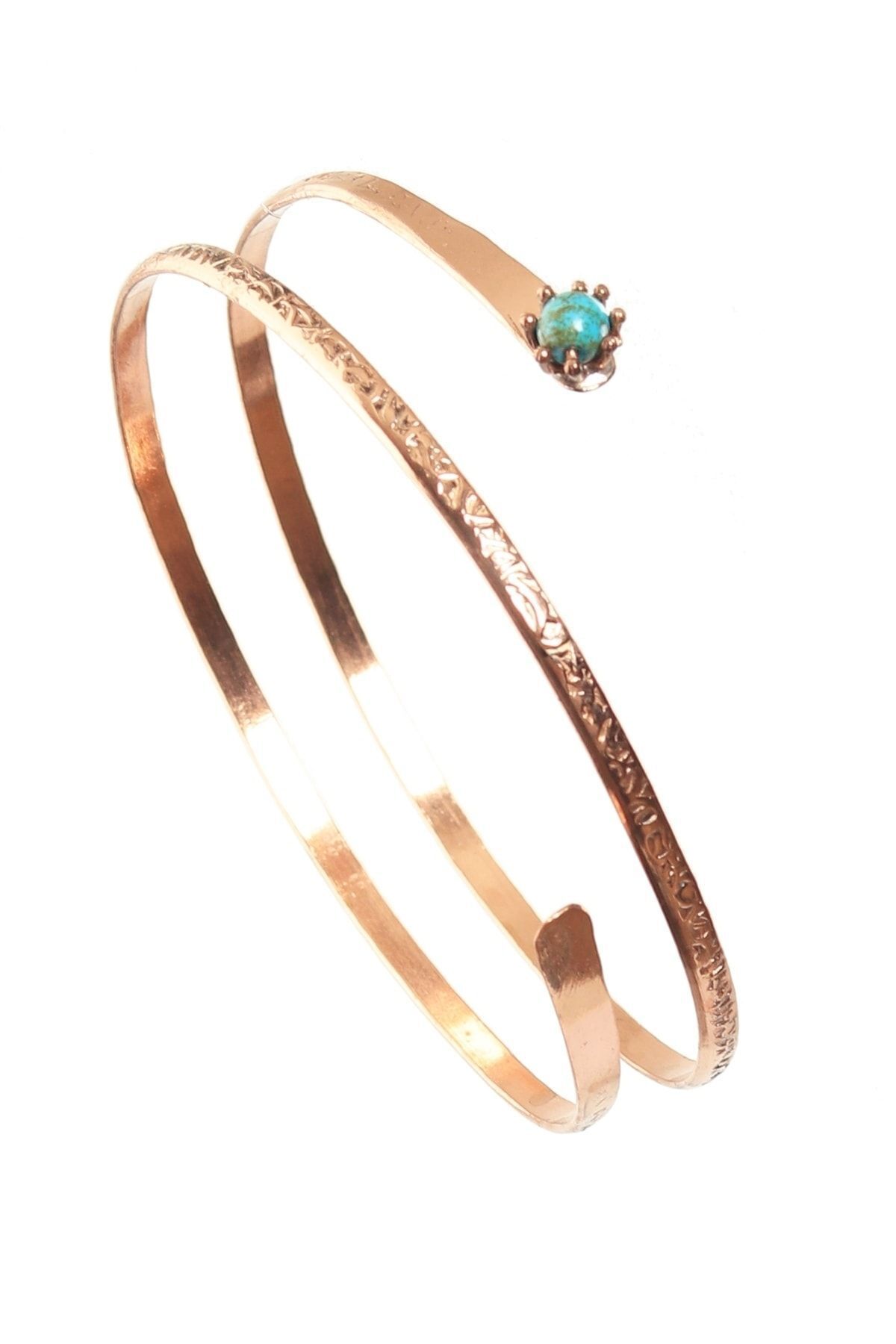 LABALABA-Double Row Wrap Model Turquoise Stone Detailed Adjustable Open Band Handmade Copper Upper Arm Accessory 5