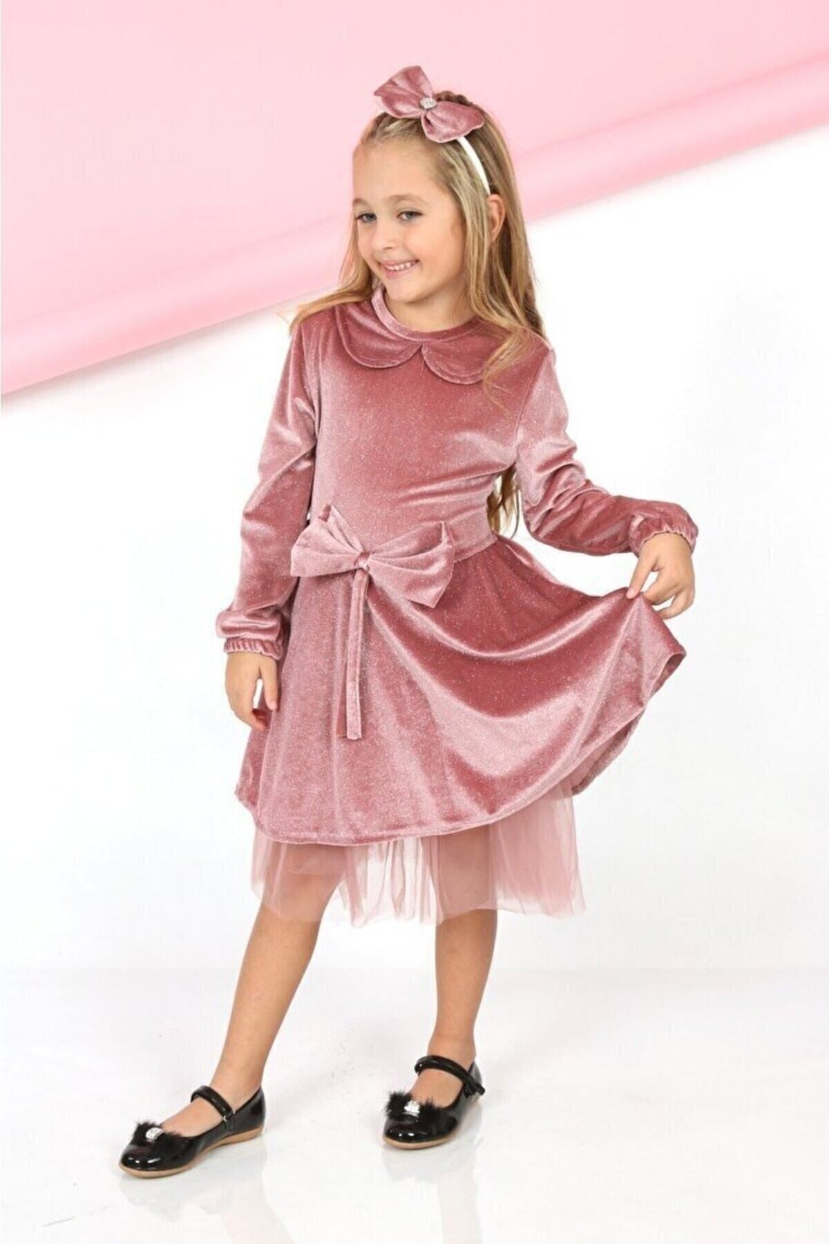 Girl Velvet Fabric Tulle Detailed Knee Length Buckle Dress