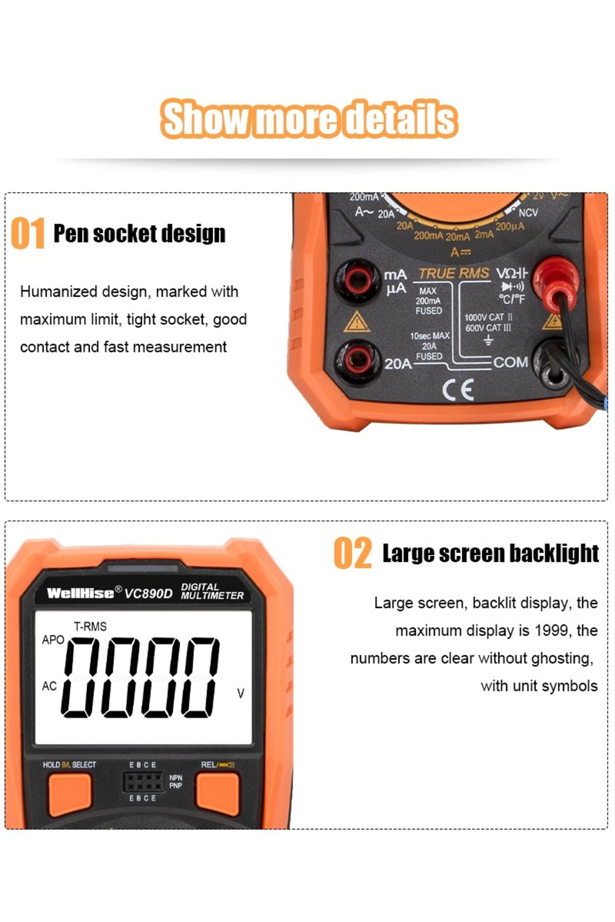 Wellhise-جهاز قياس VC890D متعدد المقاييس Avometer NVC شاشة عرض مضيئة مصباح يدوي True RMS 8