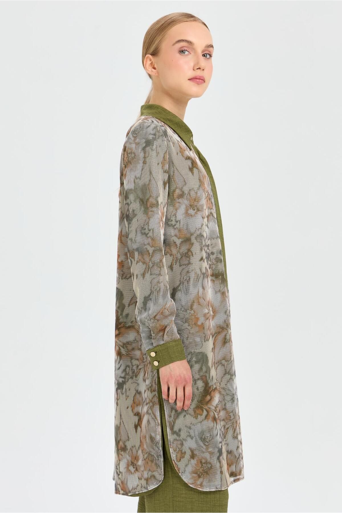 Esswaap-Khaki Color Patterned Mesh Fabric Tunic and Trousers Set 3