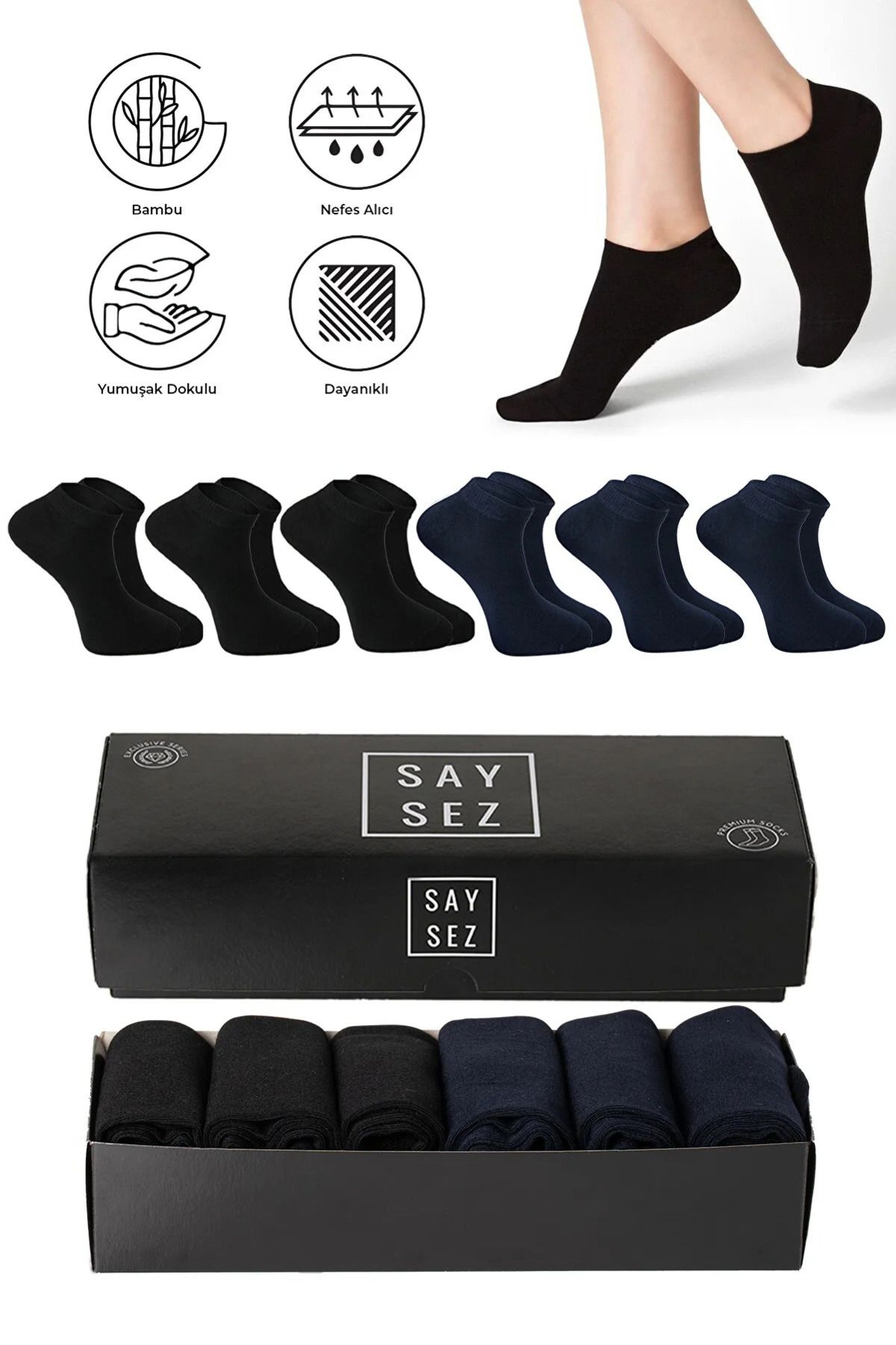 SAYSEZ Bambu Erkek Patik Düz Asorti Çorap Dikişsiz Premium Kutulu 6'lı (3 SİYAH - 3 LACİVERT)