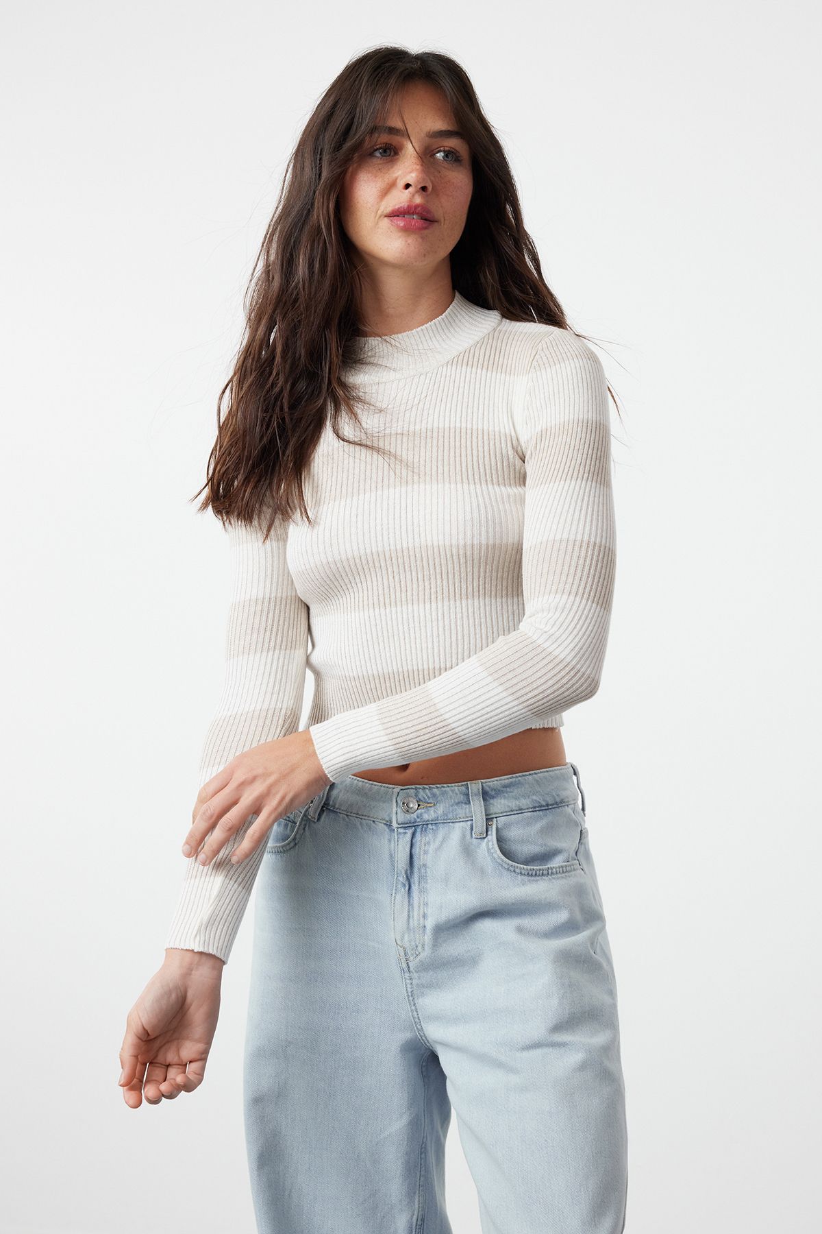 Trendyol Collection-Cotton Ecru Crop Couple Knitwear Sweater - Color Block, Twoaw20Kz0255 1