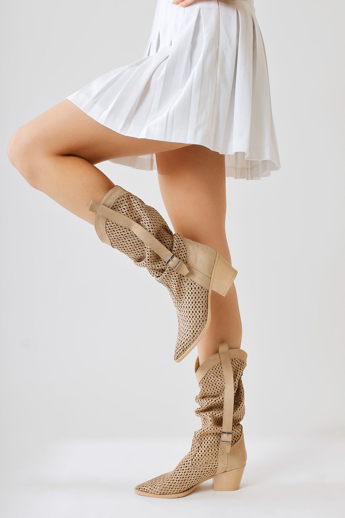 Orietta Nude Beige Suede Laser Cut Women's Summer Boots with Bellows