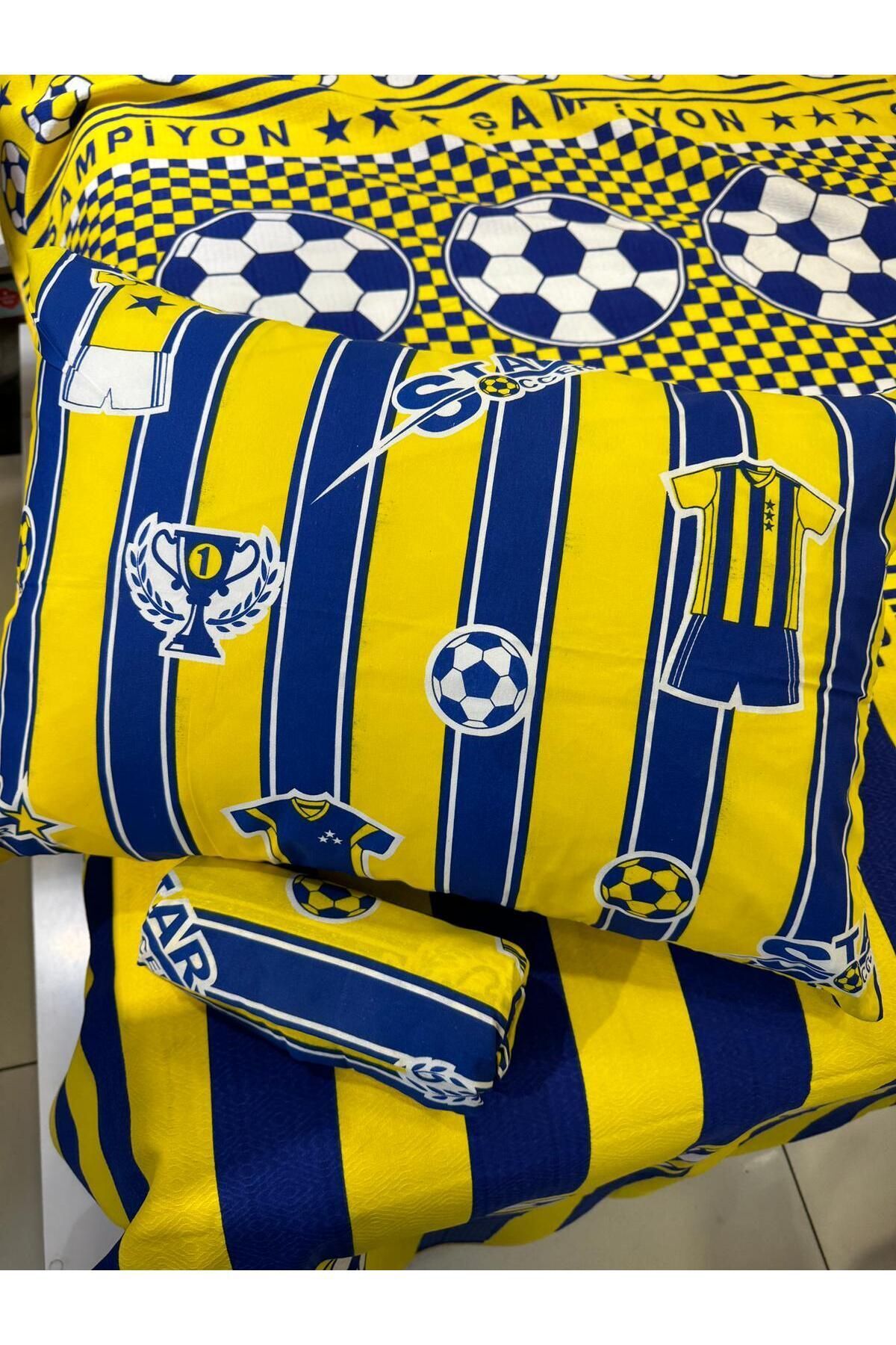 ŞENER HOME-Single Elastic Pique Set - Yellow-Navy Blue Fan Patterned Sheet 3
