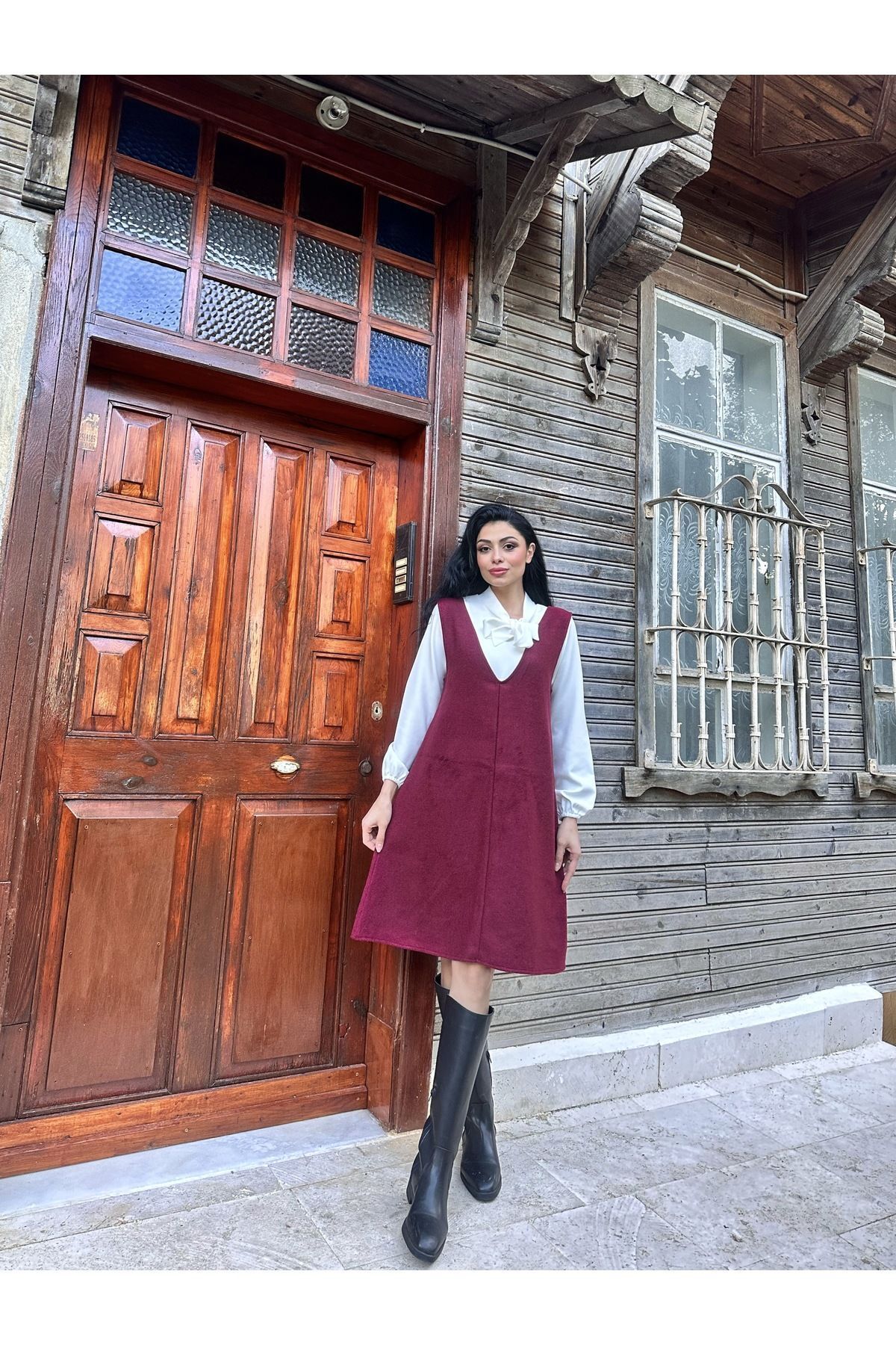 burgundy short cashmere v neck gilet dress