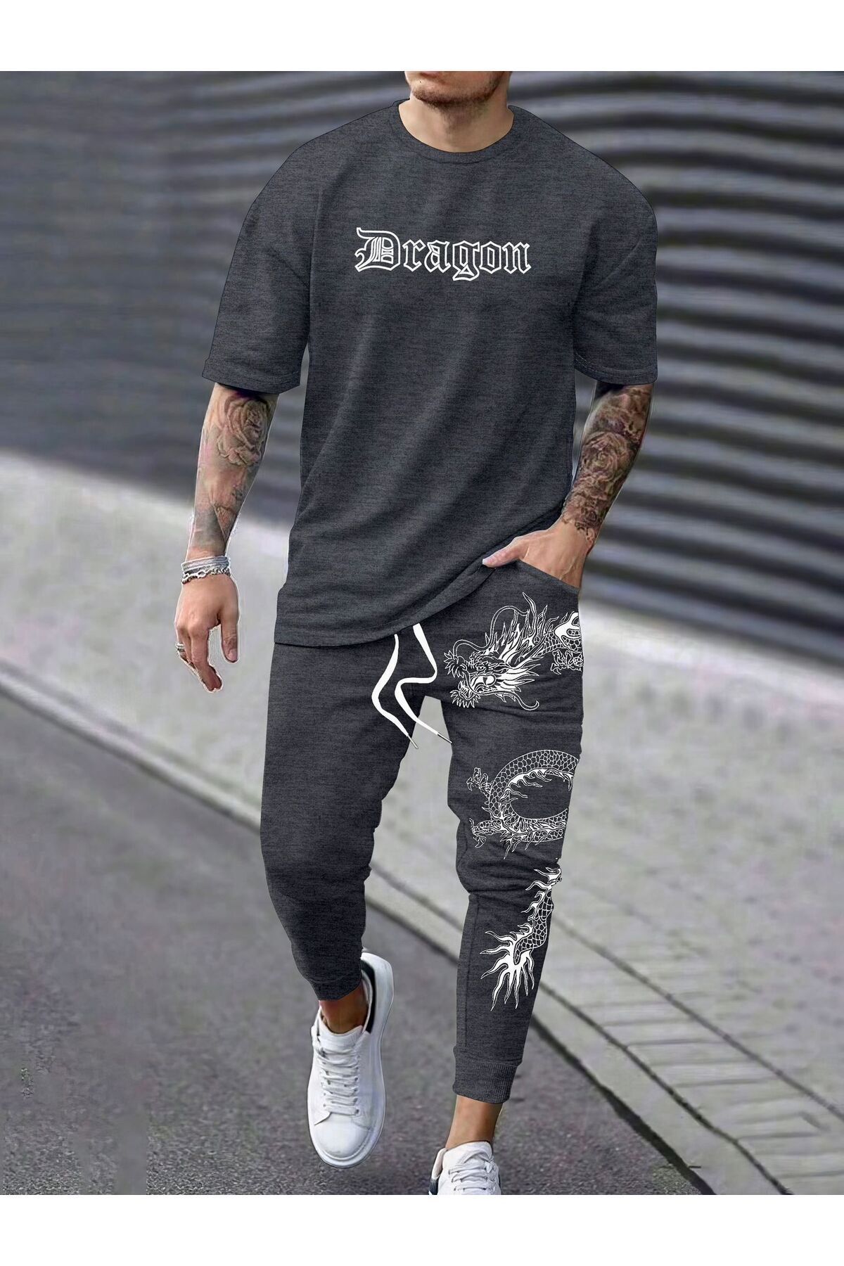 CLASSY.MODA-Oversize Japanese Style Men's Tracksuit Set - Dragon Print, Fabric Two Thread 1