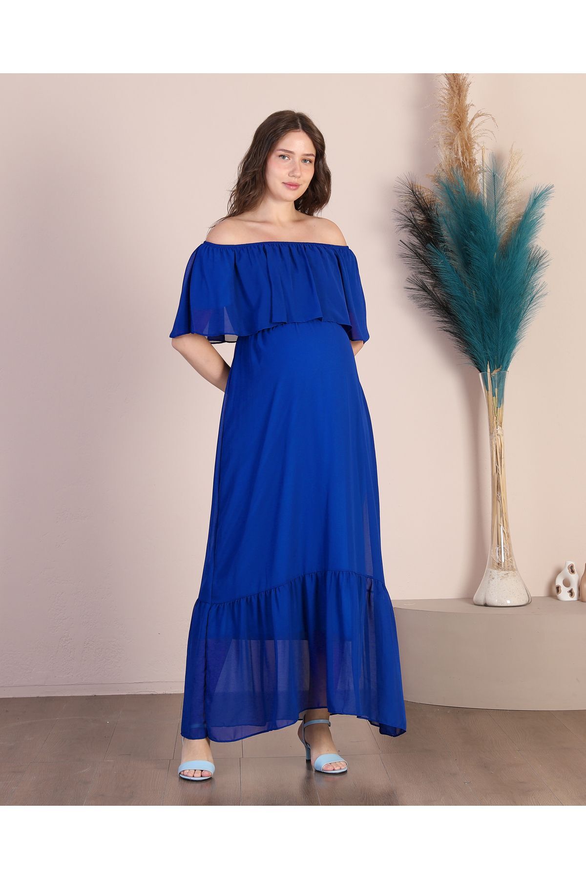 Maternity Madonna Collar Saxe Blue Frilly Skirt Long Chiffon Dress 7009