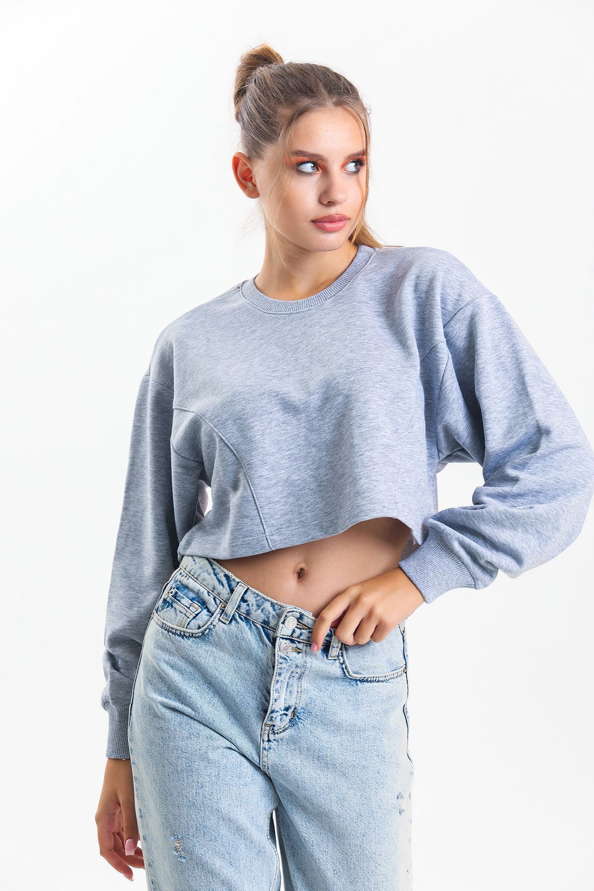 pulur.co-Gray Melange Oversize Crop Sweatshirt 3