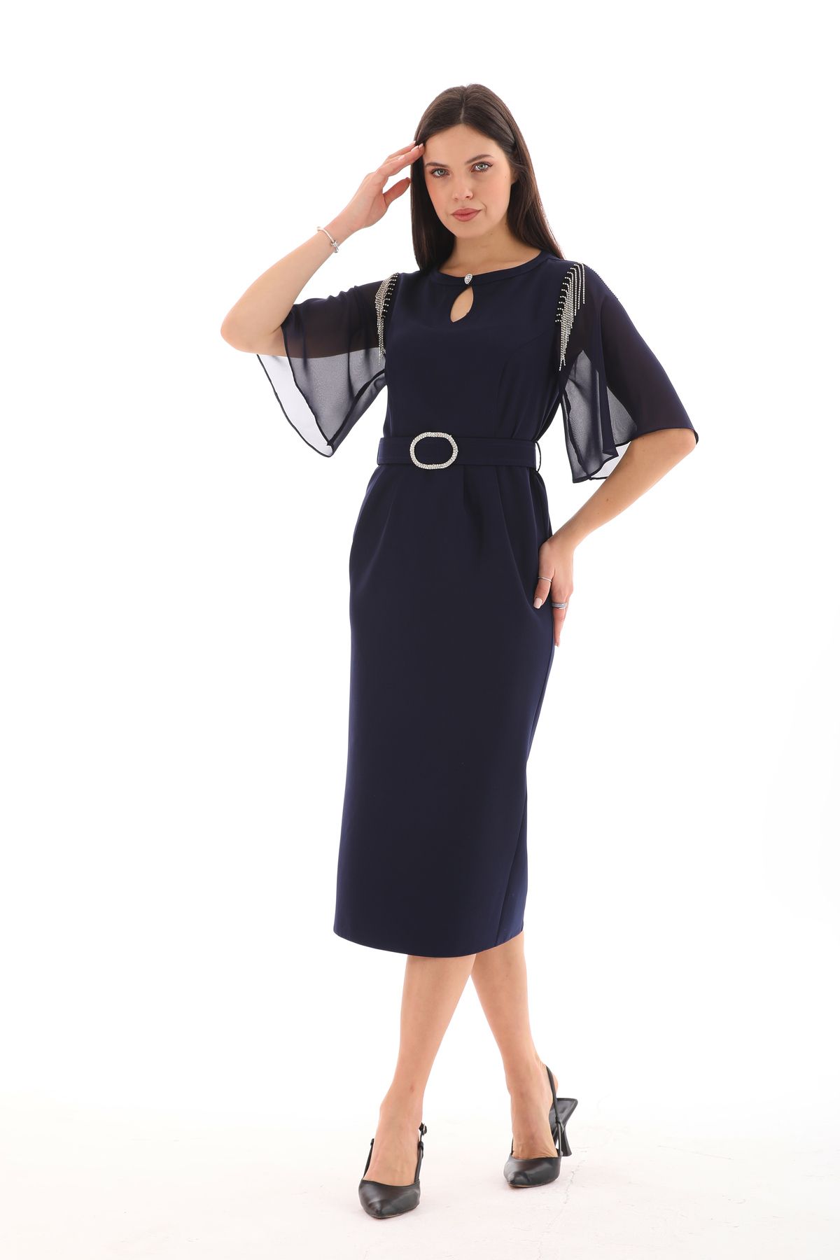Moda Tuğram Rochie De Seara Midi Bleumarin - Detaliu Curea Femeie - 38