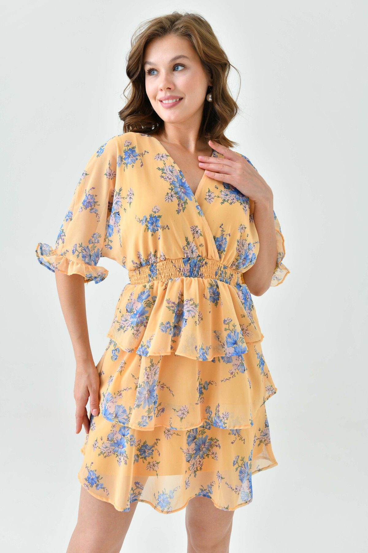 WOMAN VISION Rochie Din Șifon Galben Cu Model Floral Cu Talie Gimp - Guler Dublu 3447 Femeie - 36