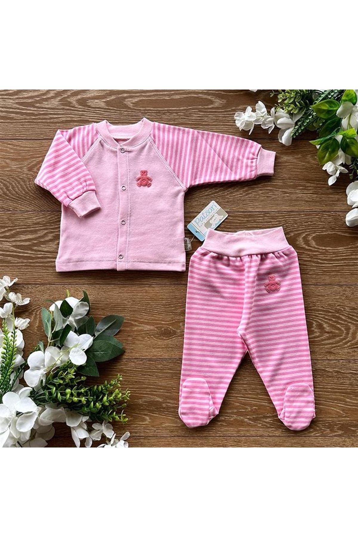 Organic Cotton Combed Cotton Baby Basic Snap Fastener Bottom Top Footed Pajamas Set Striped