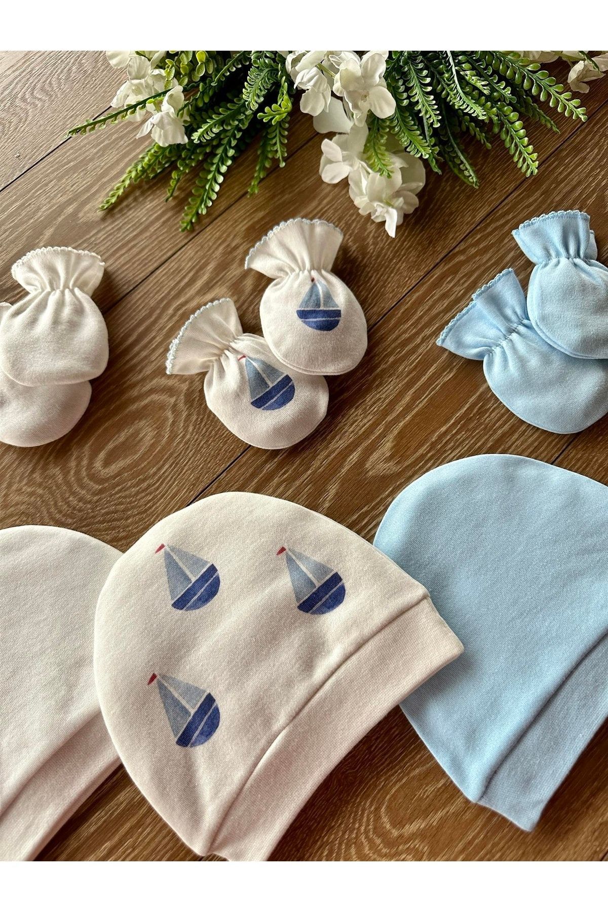 Organic 6pcs Newborn Baby Gloves Hat Set Sail