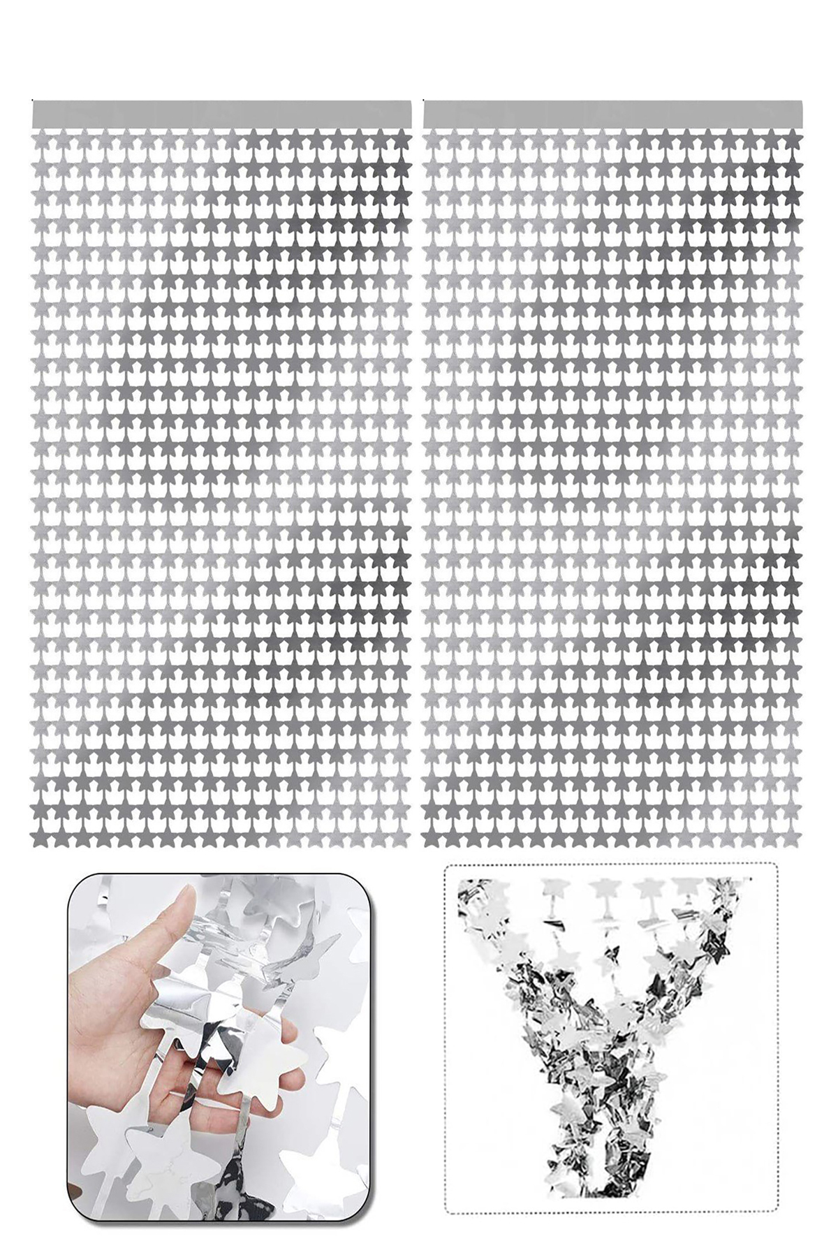 Parti dolabı 2li Yıldızlı Gümüş Fon Arka Perde Işıltılı Yapışkanlı Silver Sarısı Yıldız Duvar Fotoğraf Perdesi