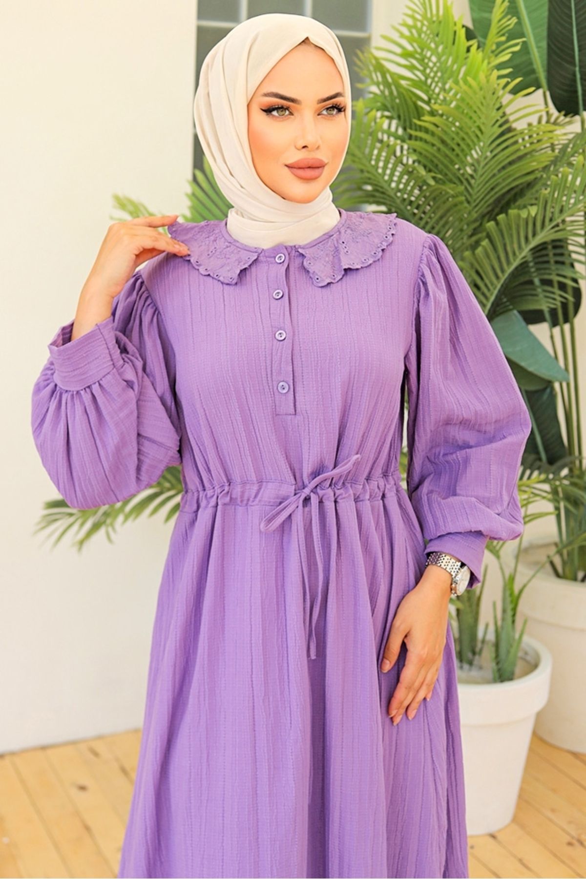Bestenur-فستان أرجواني بياقة دانتيل وحزام نفق 969 2
