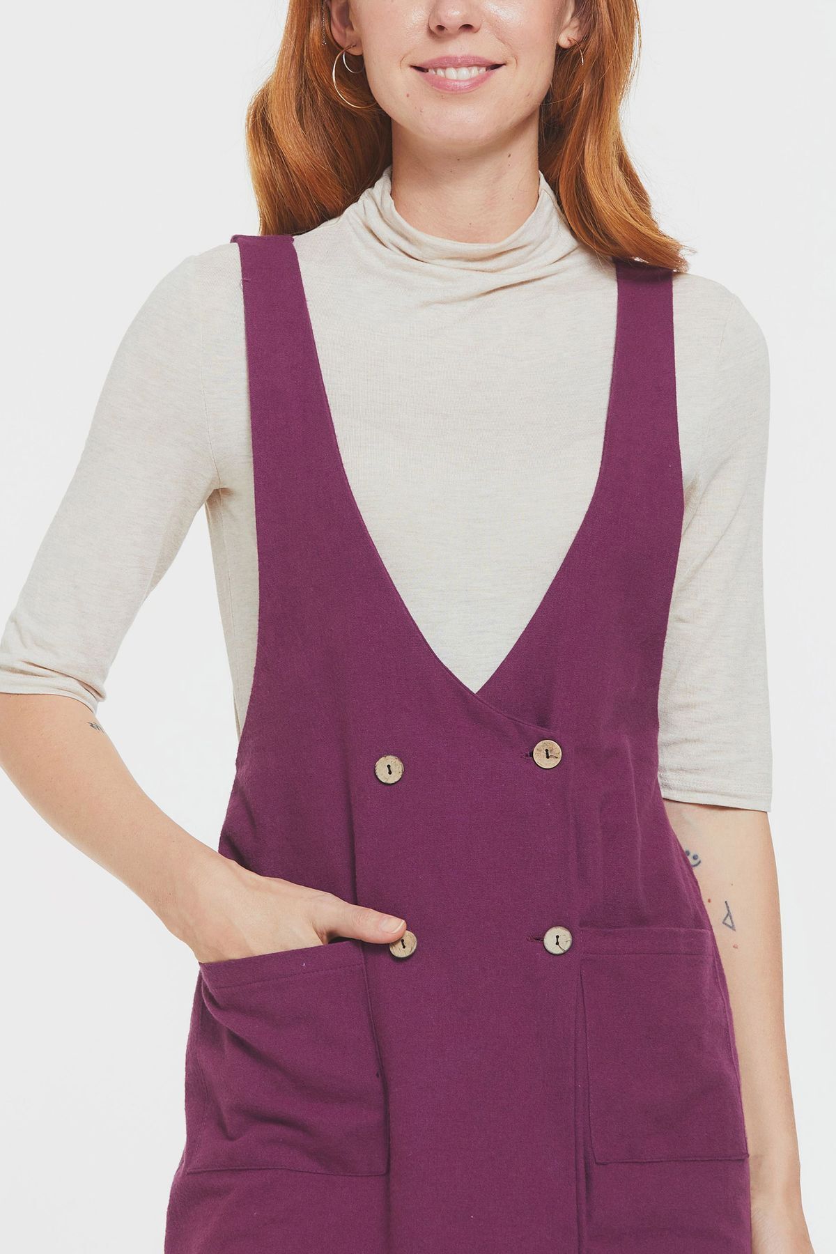 Clandestino-Purple Bohemian Dress - Cotton, Buttoned Front Gilet 5