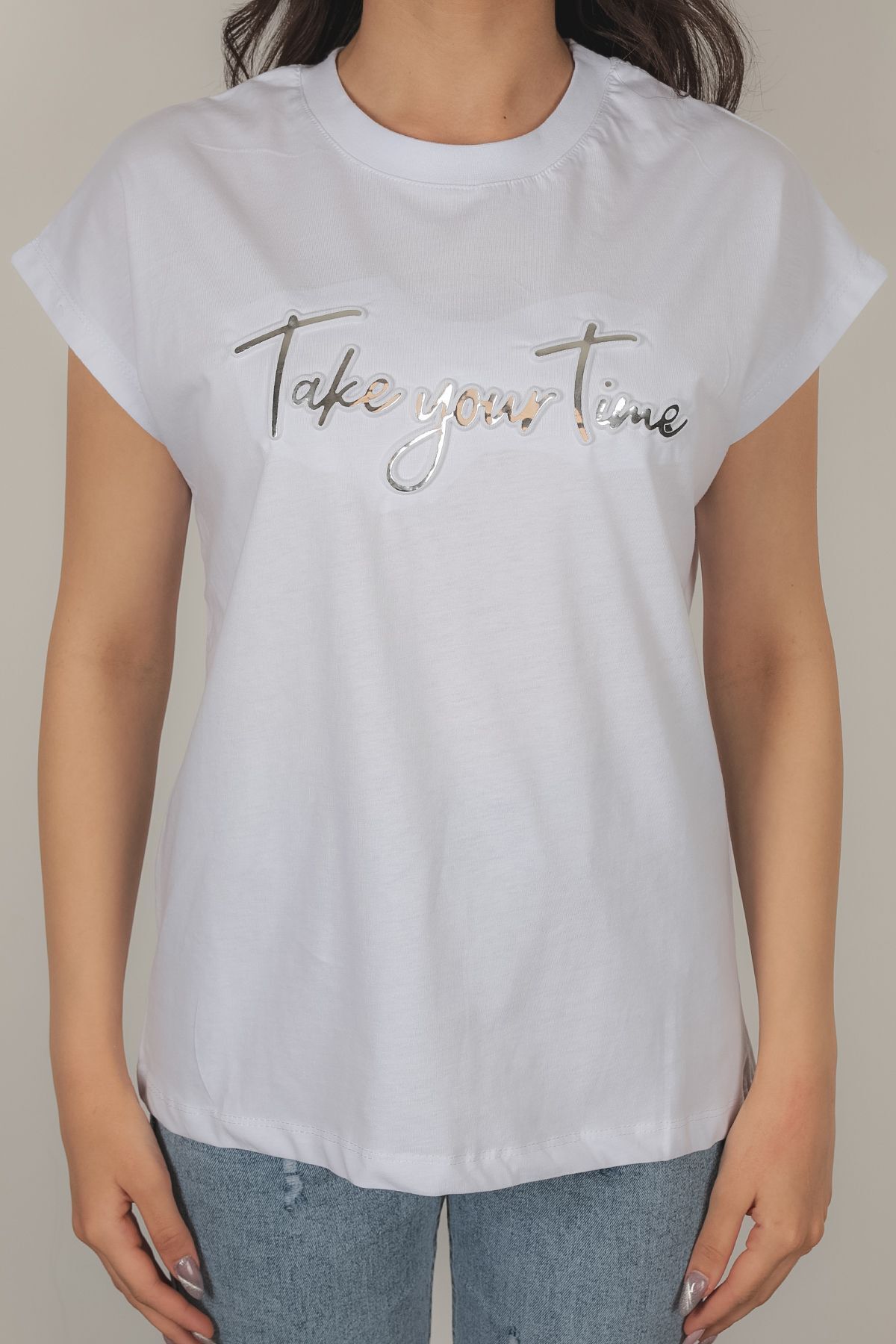 G YSA 24638 Bask l Kad n T shirt Take Your Time Bask l T shirt Beyaz Fiyat Yorumlar Trendyol