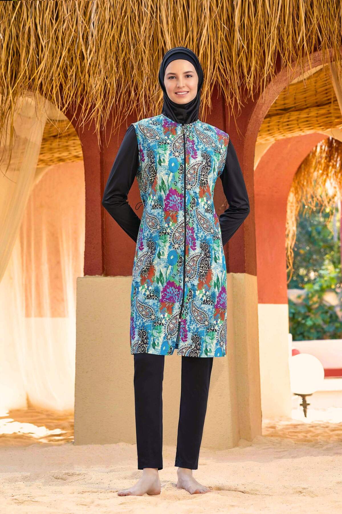 Rozamay Black Pattern Long Sleeve Zippered Full Closed Modest Swimsuit 9260