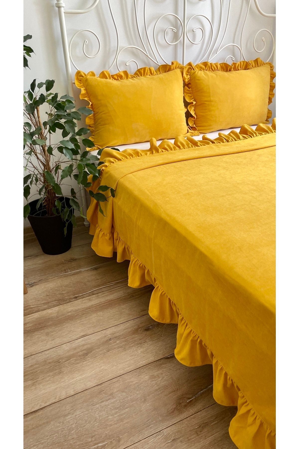 Decamor home-طقم مفرش سرير أصفر خردل مكشكش مزدوج 6