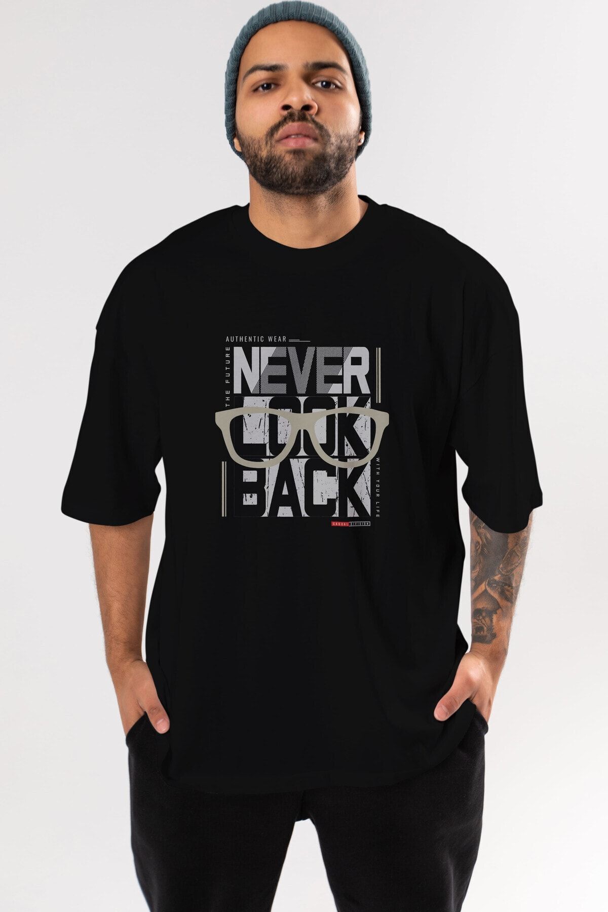 Ankhises-Never Look Back Tricou negru supradimensionat cu imprimeu în față, unisex, bărbați, femei, cu gât crew 5