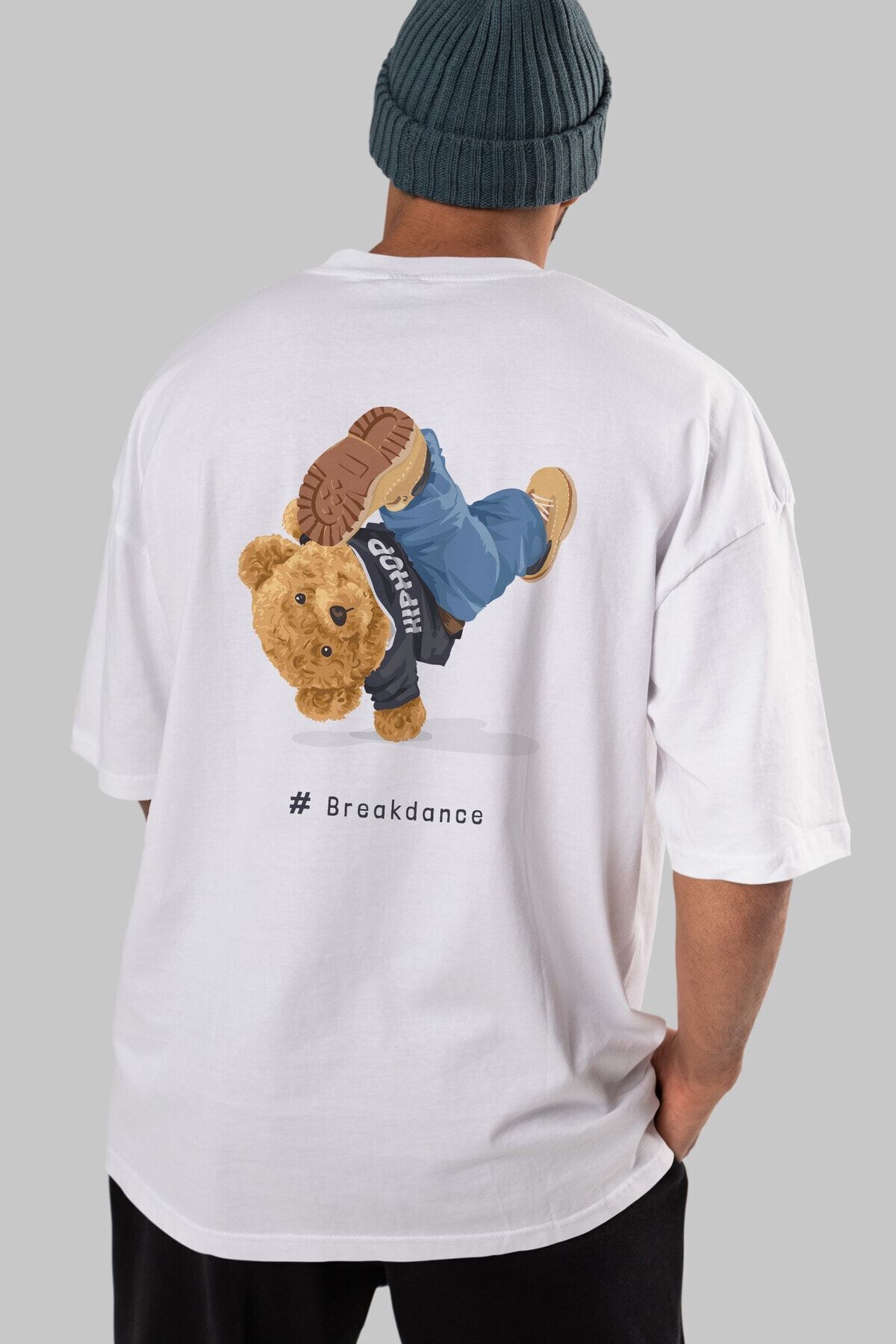Ankhises-Teddy Bear Breakdance Back Printed White Men's Women's Crew Neck Oversize T-shirt 3