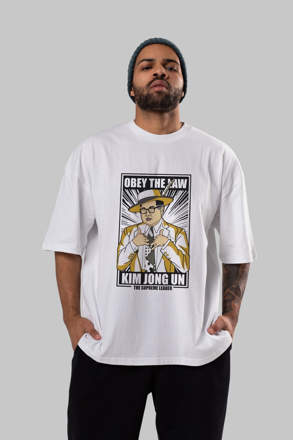 Ankhises Jong Un Front Printed White Oversize Unisex T shirt Crew Neck Trendyol