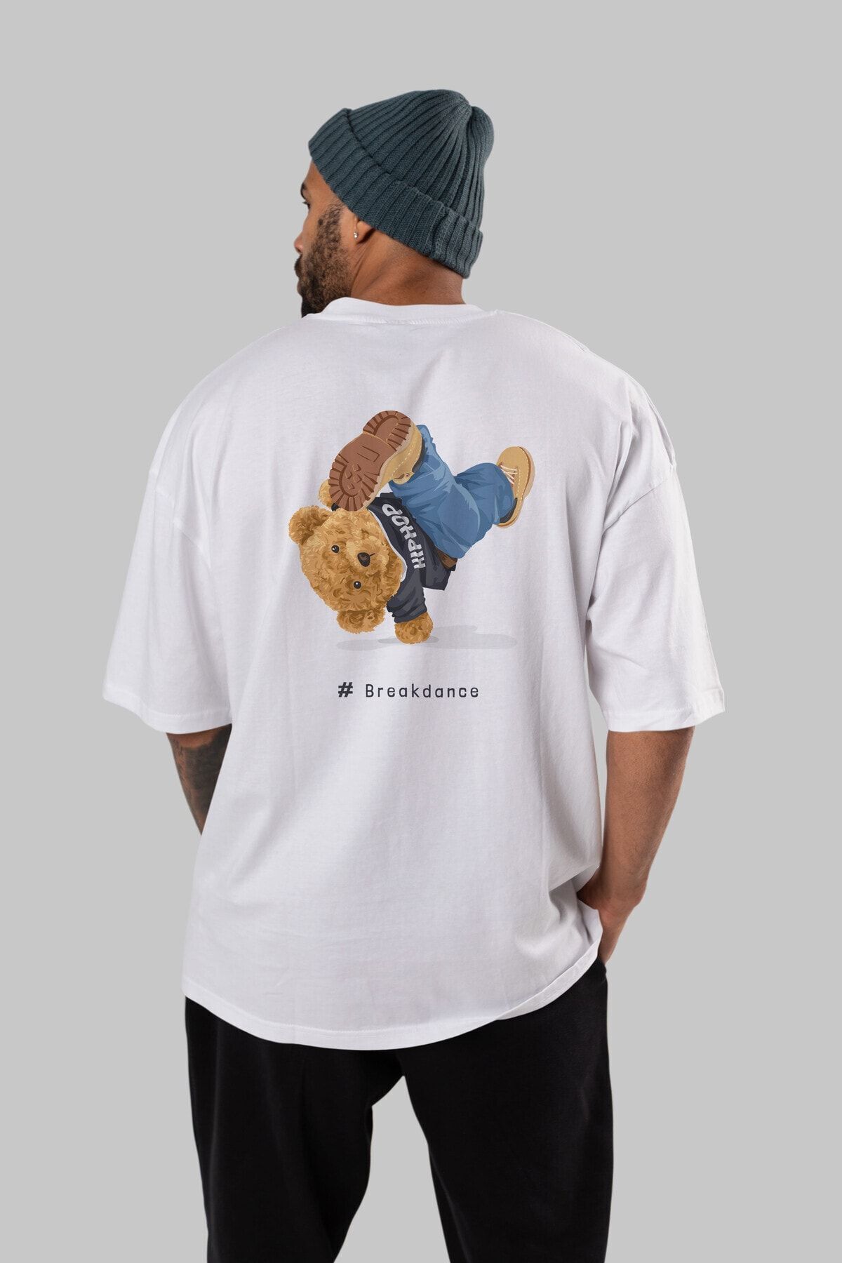 Ankhises-Teddy Bear Breakdance Back Printed White Men's Women's Crew Neck Oversize T-shirt 7