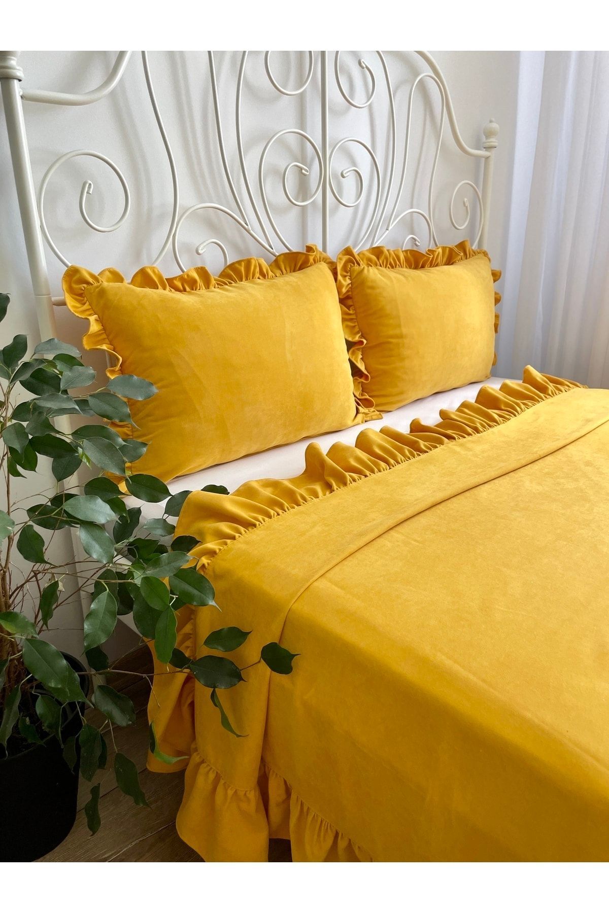 Decamor home-طقم مفرش سرير أصفر خردل مكشكش مزدوج 1