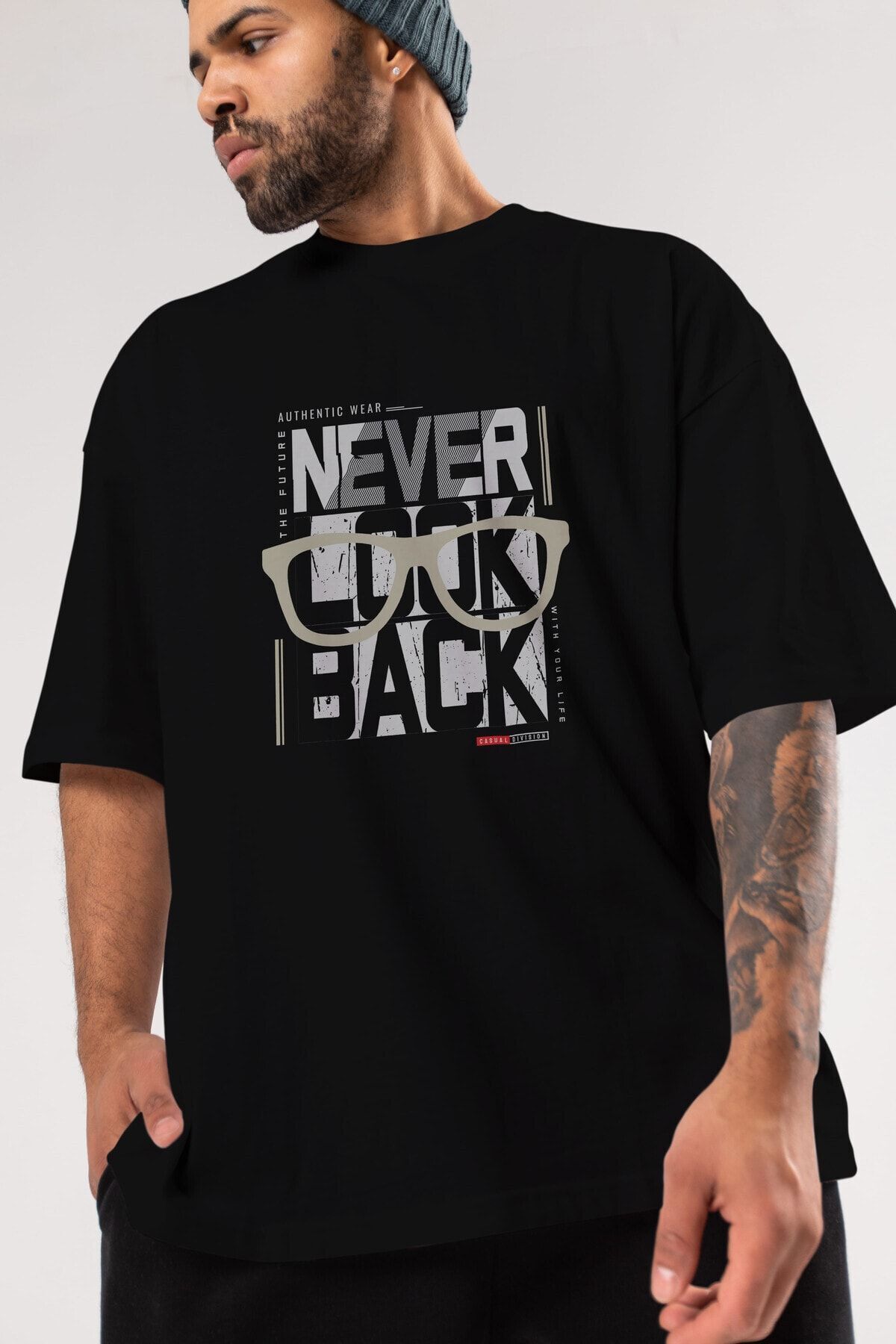 Ankhises-Never Look Back Tricou negru supradimensionat cu imprimeu în față, unisex, bărbați, femei, cu gât crew 7