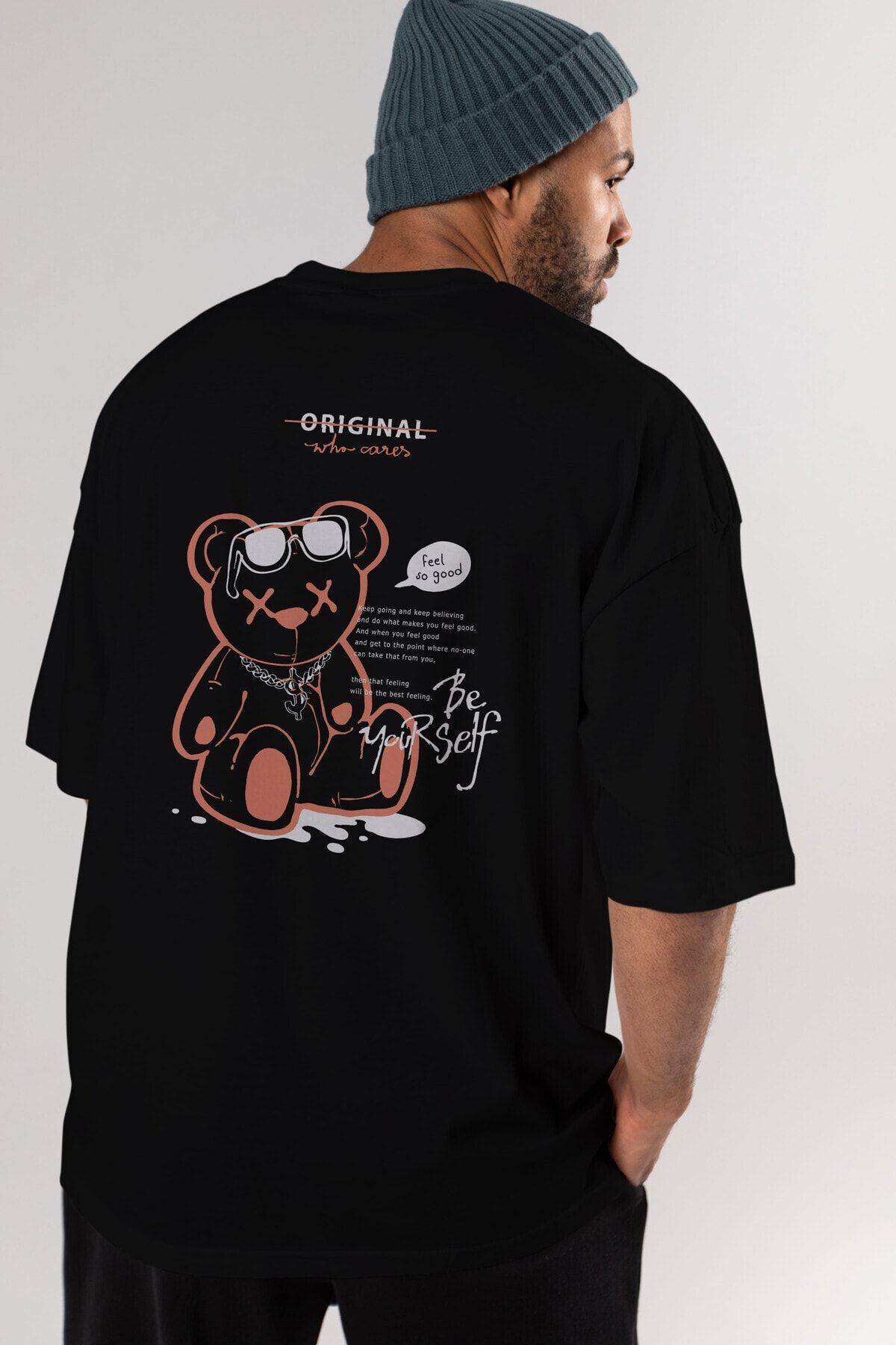Ankhises Feel So Good Bear Back Printed Negru Tricou Oversize Unisex Bărbați Femei Gât Crew Unisex - S