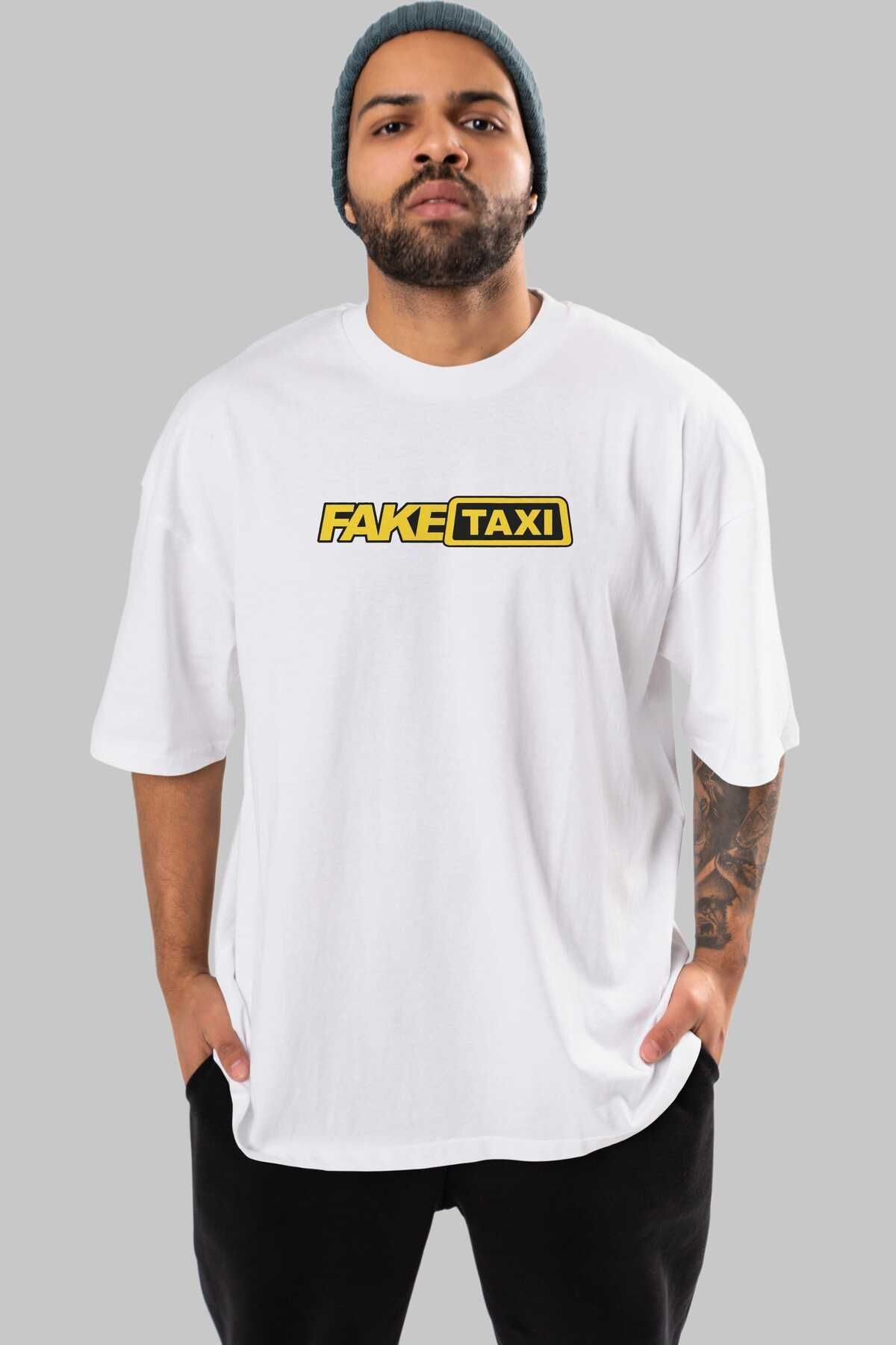 Ankhises Fake Taxi On Bask l Beyaz Oversize T shirt Erkek Kad n Bisiklet Yaka Fiyat Yorumlar Trendyol