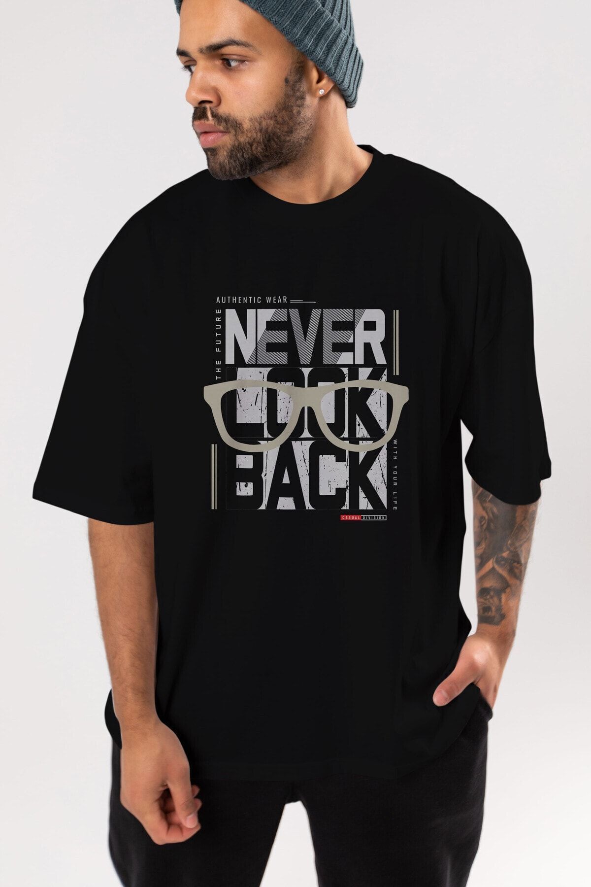 Ankhises-Never Look Back Tricou negru supradimensionat cu imprimeu în față, unisex, bărbați, femei, cu gât crew 8