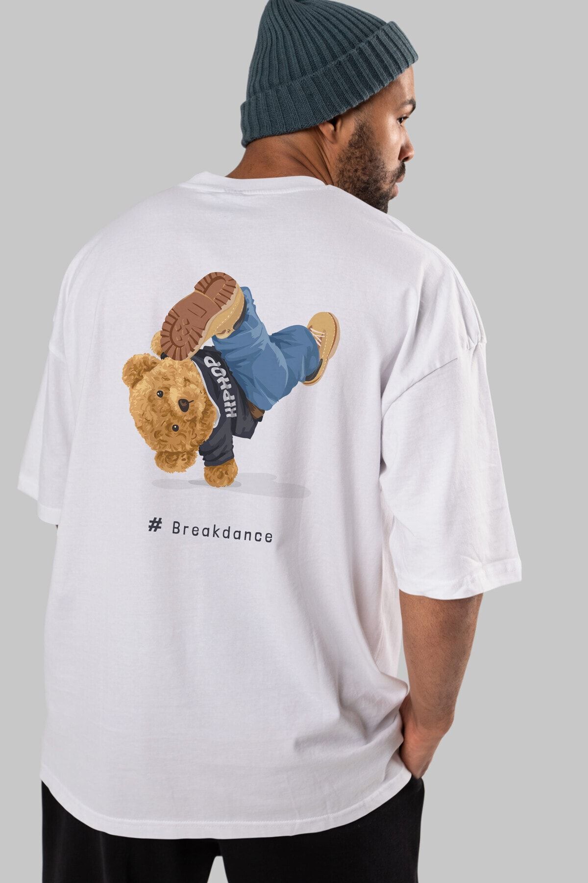 Ankhises-Teddy Bear Breakdance Back Printed White Men's Women's Crew Neck Oversize T-shirt 4