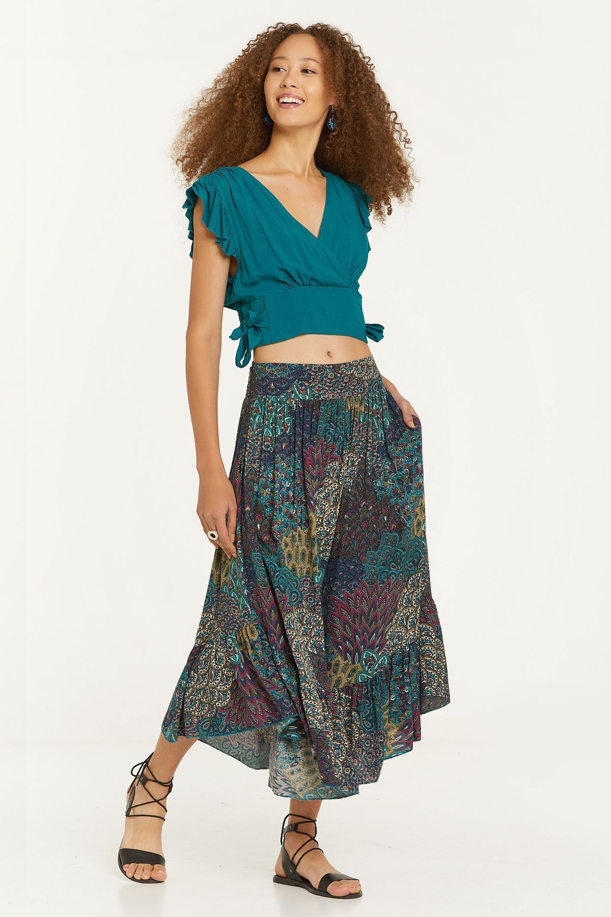 Clandestino-Turquoise Midi Skirt - Patterned and Ruffle Detail 3