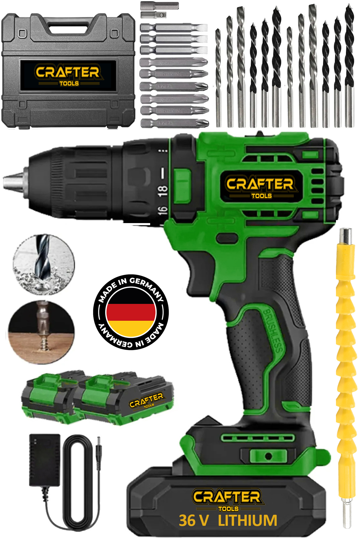 CRAFTERTOOLS 36V 5Ah Çift Akülü Metal Şanzuman Darbeli Şarjlı Matkap 24 Parça Akülü Vidalama Seti