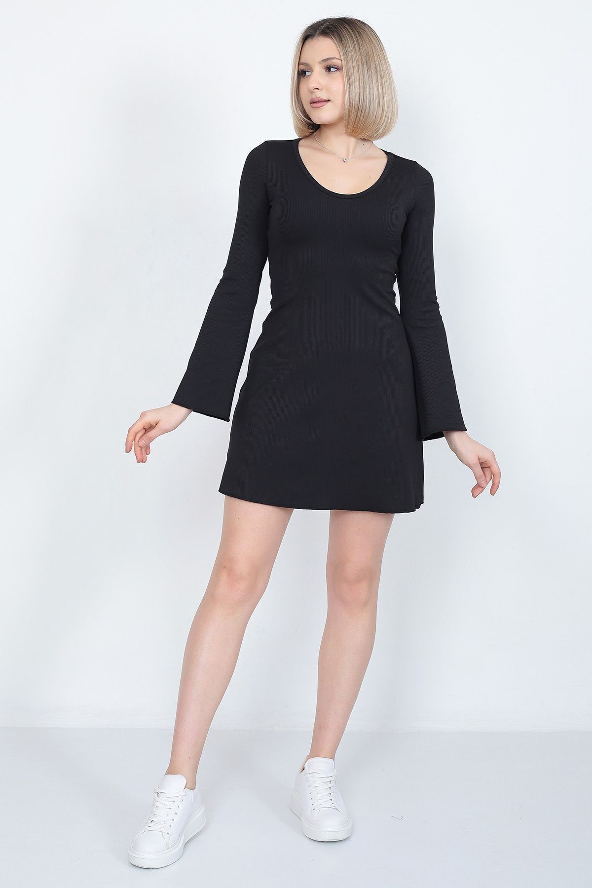 WAYS Kadın Siyah Fitilli Vücudu Saran Diz Üstü Elbise - 1