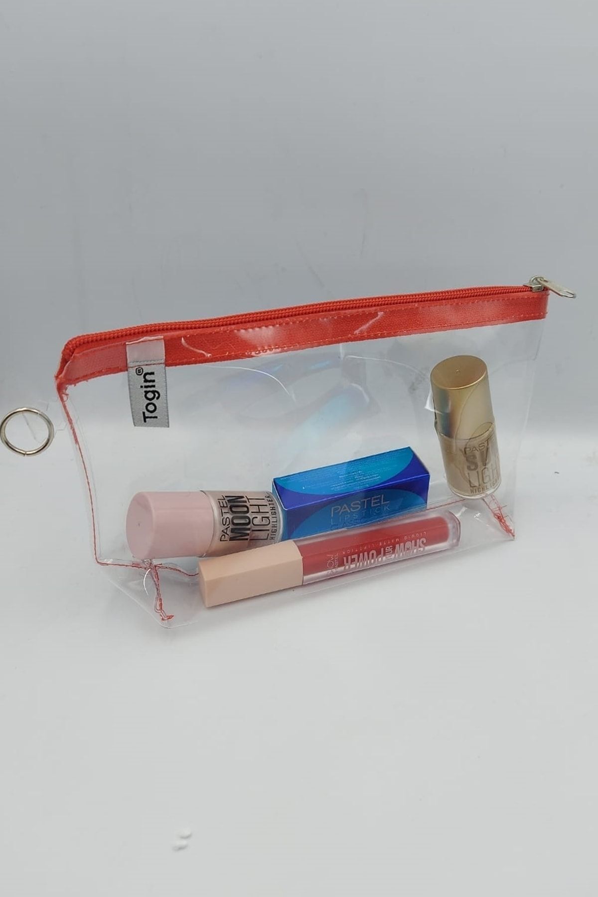 Kırmızı, Şeffaf Üçgen Makyaj Çantası