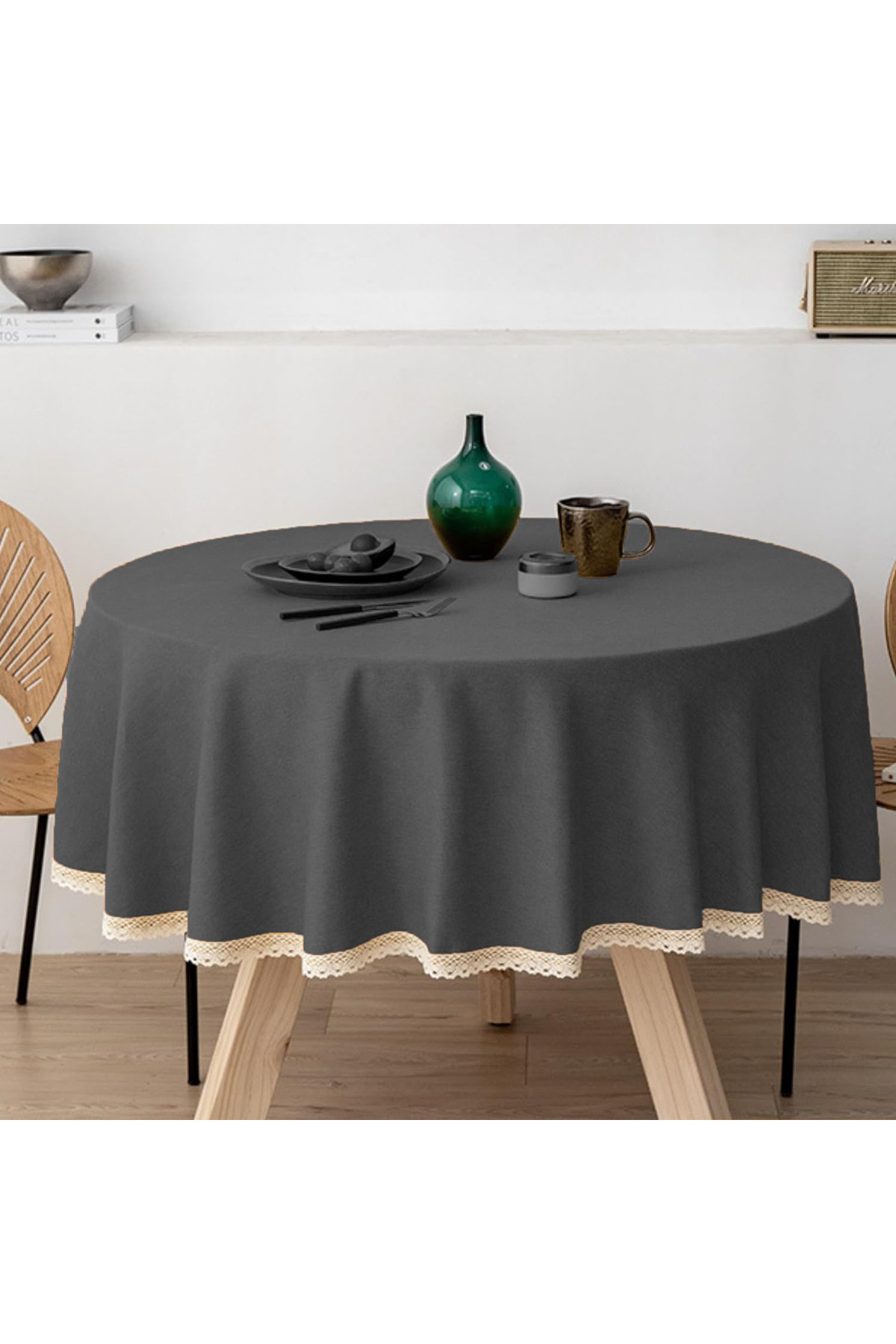 Meral Kurşun Collection Guipure Detailed Carefree Round Tablecloth