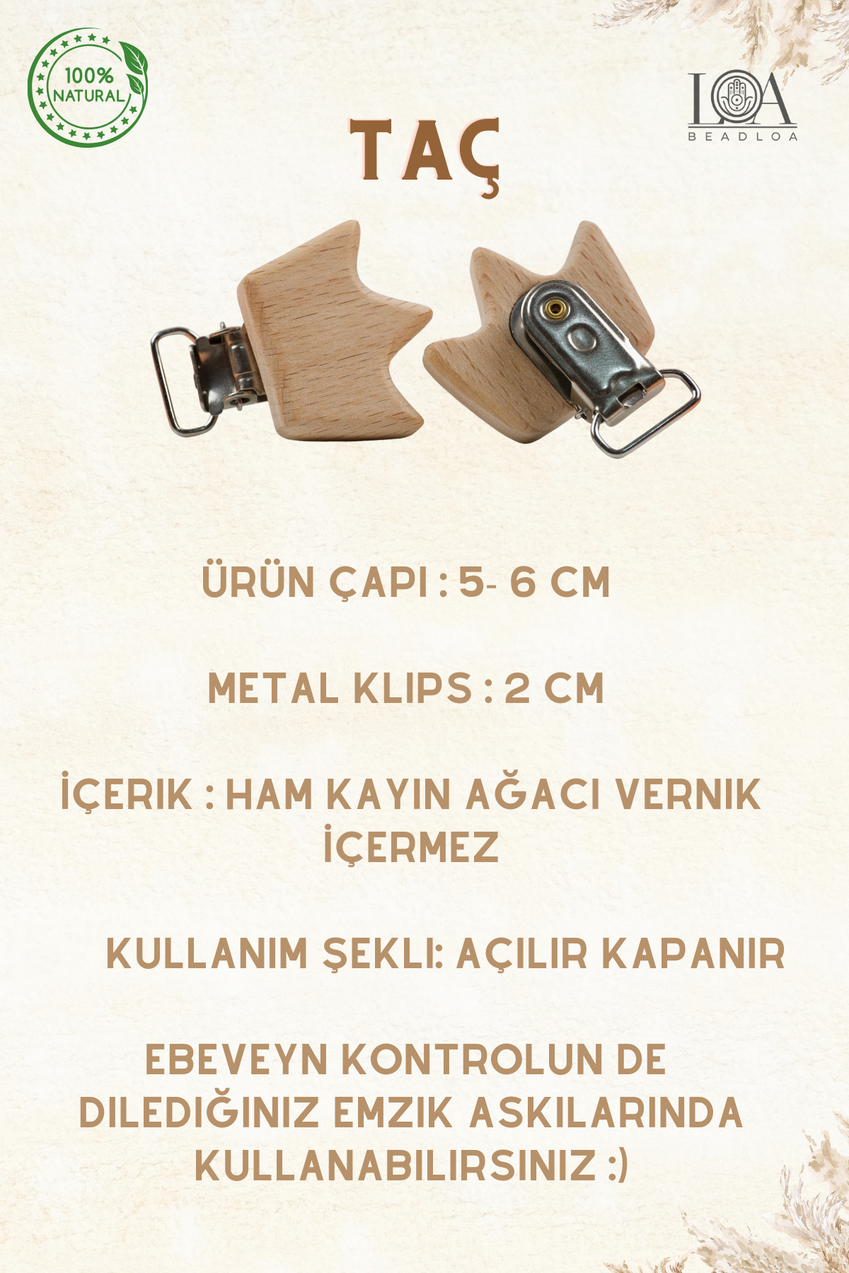 LANDOFACCESSORY 1. Kalite Ahşap Klips Bebek Emzik Zincir Askısı  Doğal Ham Ahşap Emzik Tutacağı TAÇ 1 Adet Klips fotoğrafı 2 (önizleme)