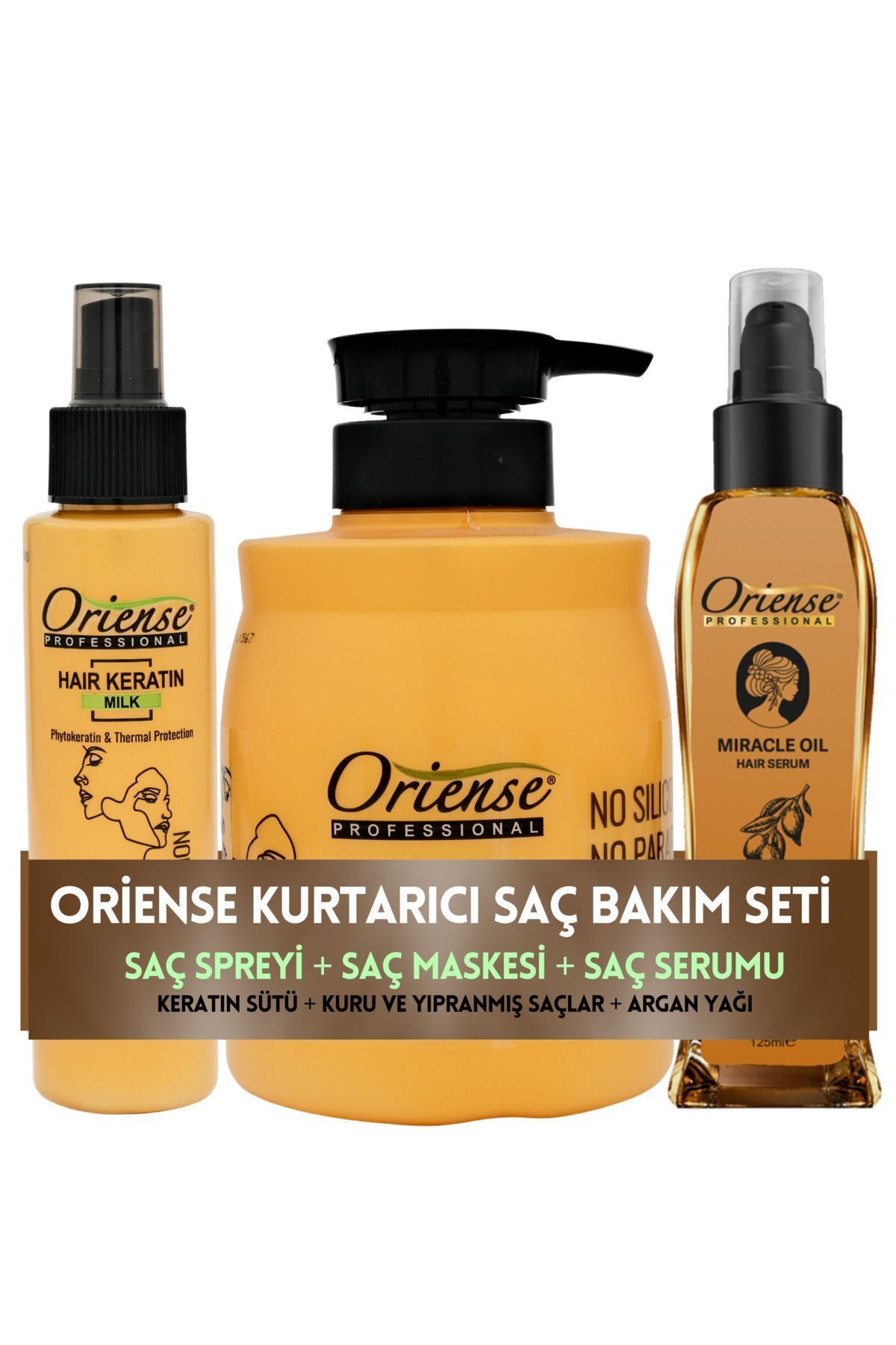 ست مراقبتی برای موهای خشک و آسیب دیده - اسپری کراتینه، سرم آرگان و ماسک ترمیم کننده مو ORİENSE