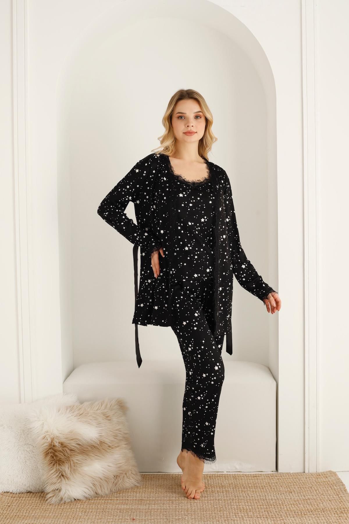 SEBOTEKS-Star Patterned Guipure Dressing Gown Rope Strap Pajamas Set - Set of 3 20344 2