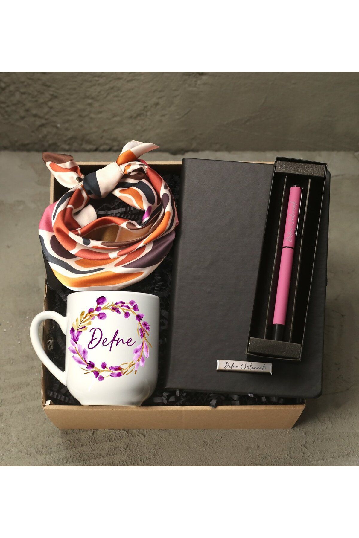 Personalized Thermo Leather Black Notebook & Personalized Pink Pen & Printed Mug & Scarf Gift Set