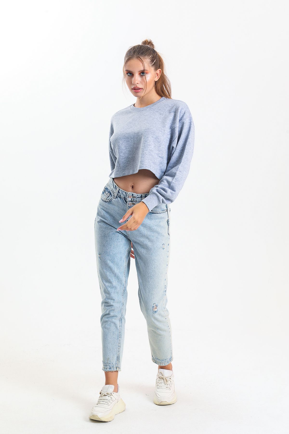 pulur.co-Gray Melange Oversize Crop Sweatshirt 2