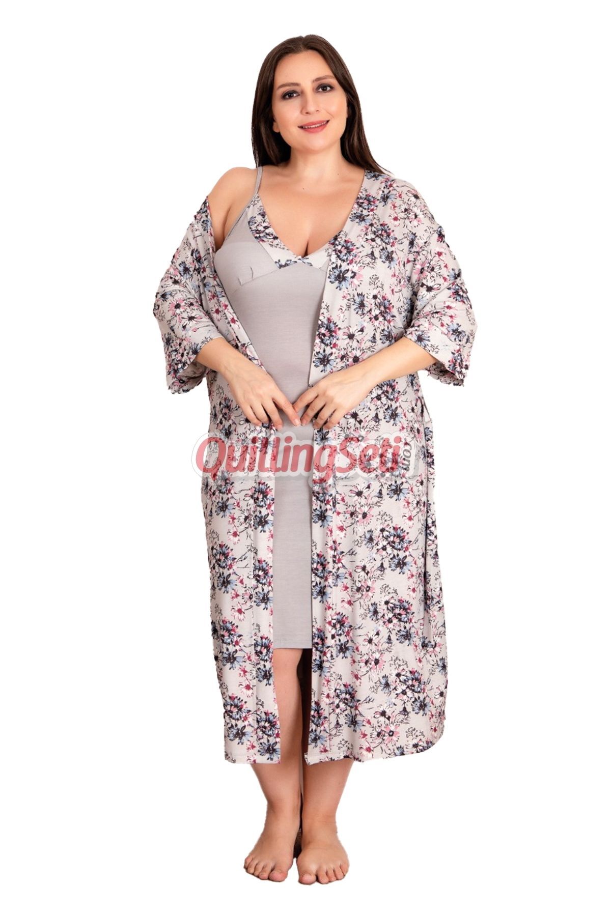 gri renk çiçek desenli 19208 büyük beden sabahlıklı anne gecelik takım, ub-lady-19208-4xl, lady pijama takımı, Erdeniz