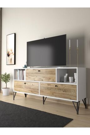 Wood'n Love Mia 160 Cm Metal Ayaklı Tv Ünitesi - Konsol - Beyaz - Atlantik Ça...