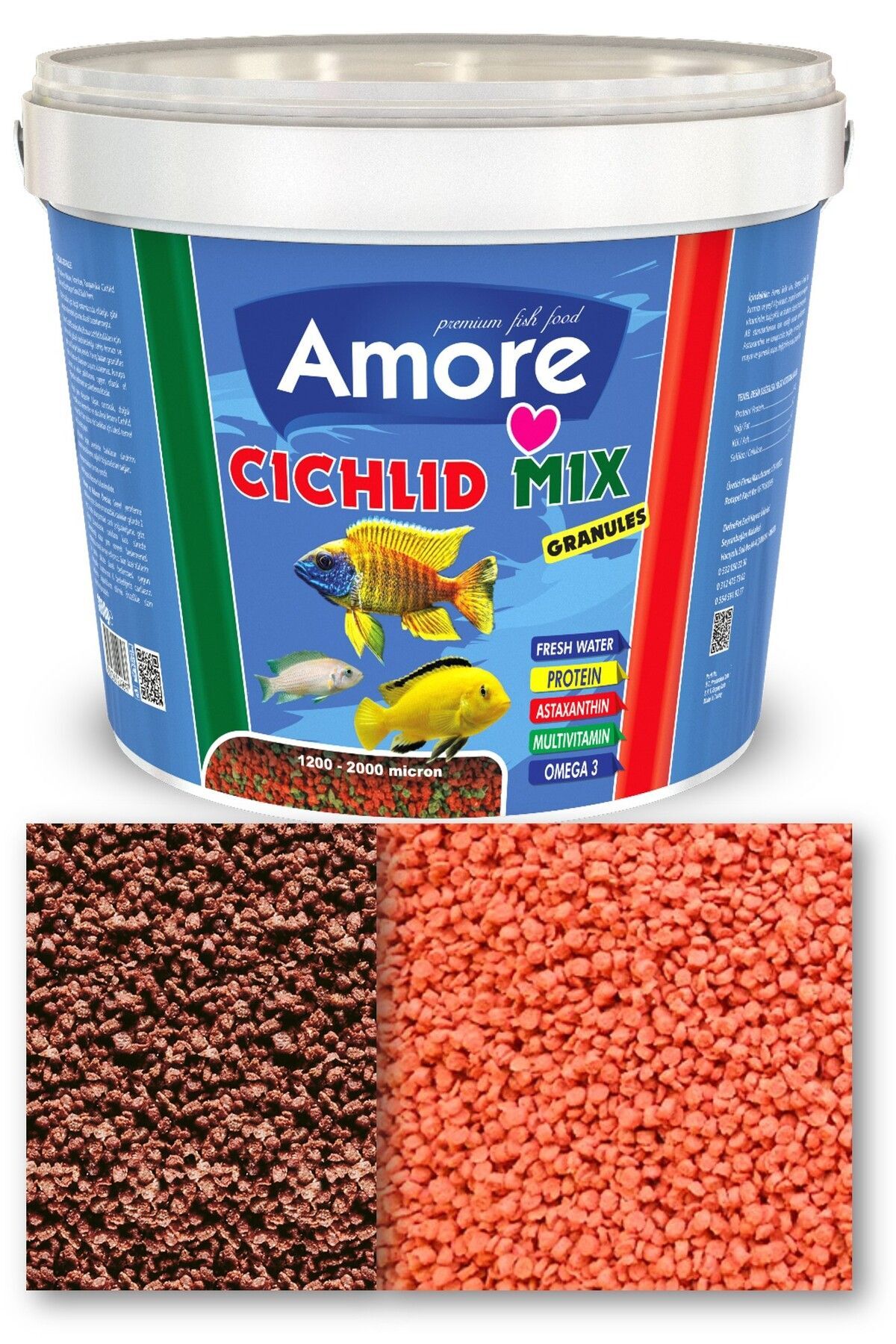 AMORE Malawi Cichlid Mix Granül 3kg Kova, Sera Discus 200gr, Granured 300gr Renklendirme Balık Yemi