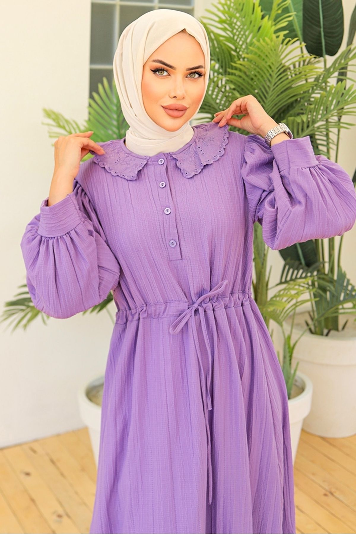 Bestenur-فستان أرجواني بياقة دانتيل وحزام نفق 969 4