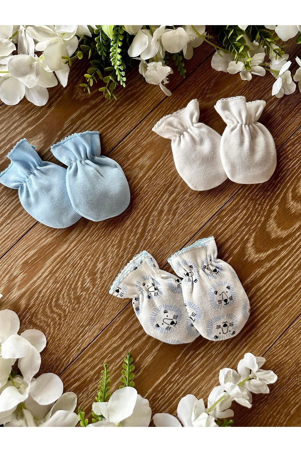 Renkli Puset Organik Pamuk 3'lü Penye Bebek Eldiven Takım Aslan fotoğrafı 2 (önizleme)