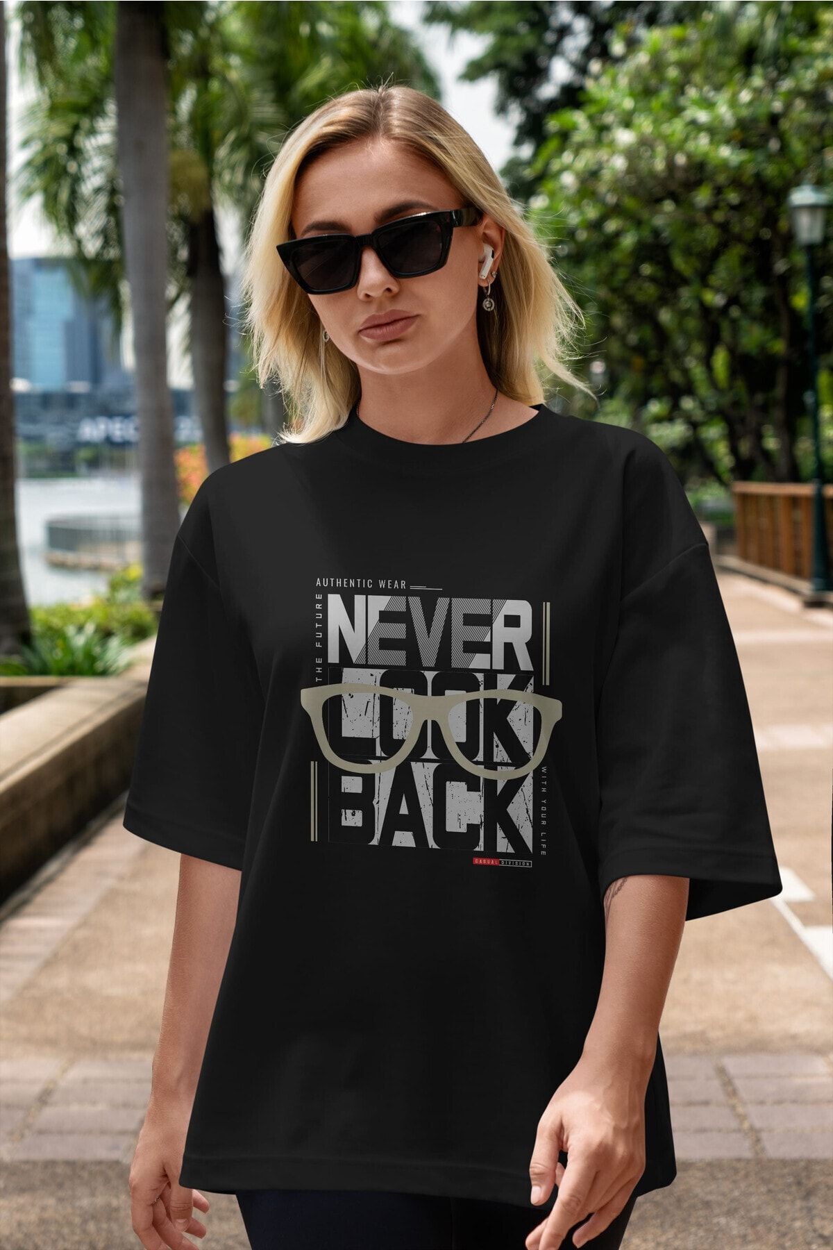 Ankhises-Never Look Back Tricou negru supradimensionat cu imprimeu în față, unisex, bărbați, femei, cu gât crew 3